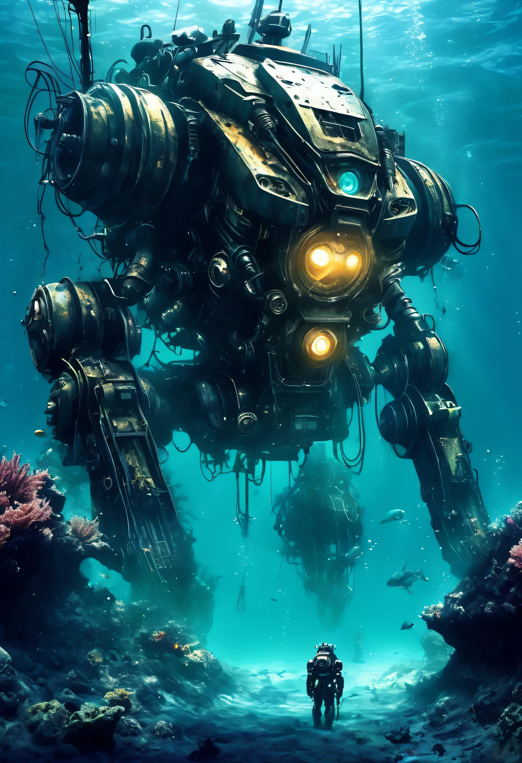 Deep Sea Scenery,The bottom of the sea,abandoned mecha:Fusion of futuristic science and steampunk,world without humans,arm,dirty,weapons,,Remains of a destroyed robot,lost peace,forsaken,dim,masterpiece,digital art,lonely,pessimism,dirty,dyeing,Mysterious,fantasy,The remains of a broken robot sleeping in the deep sea