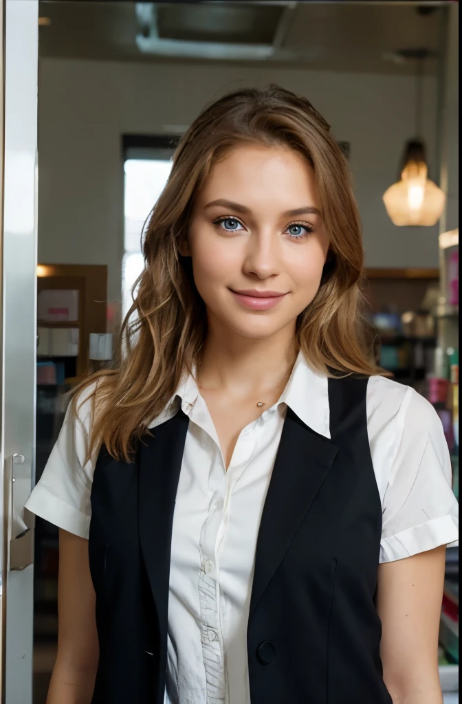 Photo realistic of a beautiful very young 30-year-old french girl,Fitness thin, with blond hair and striking grey blue eyes',clean face skin,soft face,fresh face white Skin color, smilling, Almond Eyes Style, Atractive Looking, dressed in hostess uniform, white blouse and black suit vest closed, holding and showing some notebooks in his hands, golden hour sunlight. The background in a stationery store.Soft spot Light in the back of her, Capture this image with a high-resolution photo using an 85mm lens for a nice perspective,front camera.