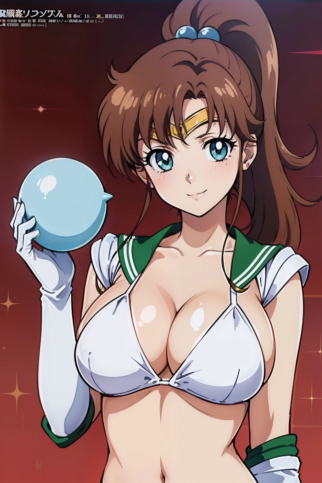 (masterpiece, best quality, high resolution, 2D, anime cels, megami magazine, 8K, Official art, sharp line), EPsmSailorJupiter, 1girl, sailor moon style:1.5, light smile, blush, brown long hair, ponytail, (large breasts:1.2), cleavage, (white bikini), light green sailor collar, (white elbow gloves), (front viewer:1.2, upper body, standing), (perfect detailed anatomy, beautiful detailed eyes, beautiful detailed face, perfect body, shiny skin), simple background, 