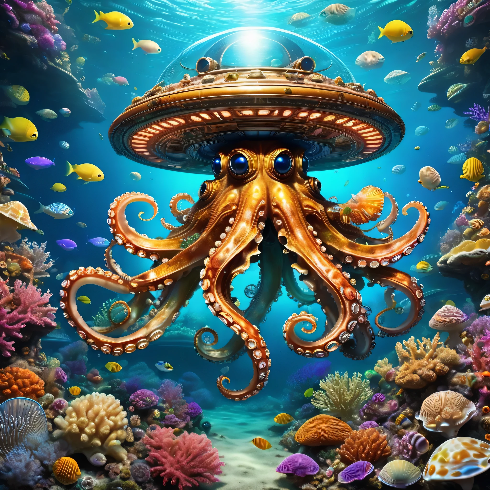 underwater landscape,UFO sunk to the ocean floor:Rusted:eroded,A pop-colored octopus is attached to a UFO:The result of alien habituation,barnacle,coral,school of small fish,shellfish,masterpiece,最高masterpiece,highest quality,rendering,rich colors,Cast colorful spells,dream-like,Detailed details,In detail,Broken UFO,Crash,turn around,beautiful underwater scenery,,Vibrant colors,
