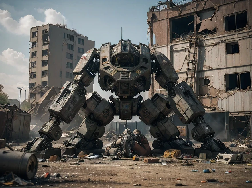 Realistic photo, scrapyard, scrapyard of abandoned and dismantled and unused mechs, broken mechs, individual parts, separate heads, separate bodies, separate arms and legs, rust, destruction, holes, broken glass, torn sheet metal, raw photo, 8k, film grain,
