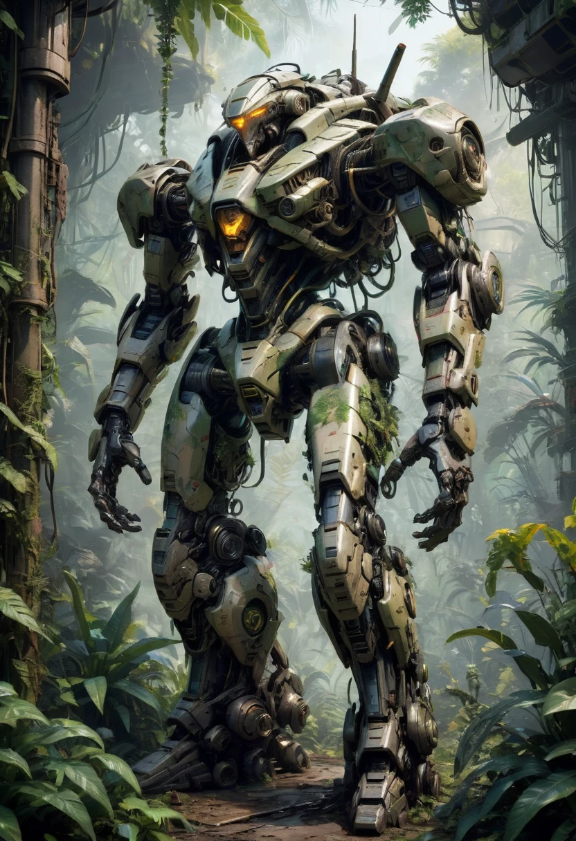 Abandoned Mech, many plants entangle Mech body, jungle, (best quality, masterpiece, Representative work, official art, Professional, Ultra intricate detailed, 8k:1.3)