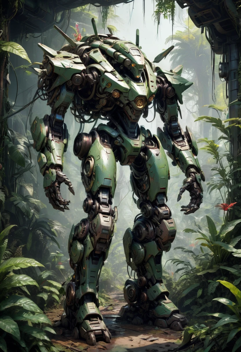 Abandoned Mech, many plants entangle Mech body, jungle, (best quality, masterpiece, Representative work, official art, Professional, Ultra intricate detailed, 8k:1.3)