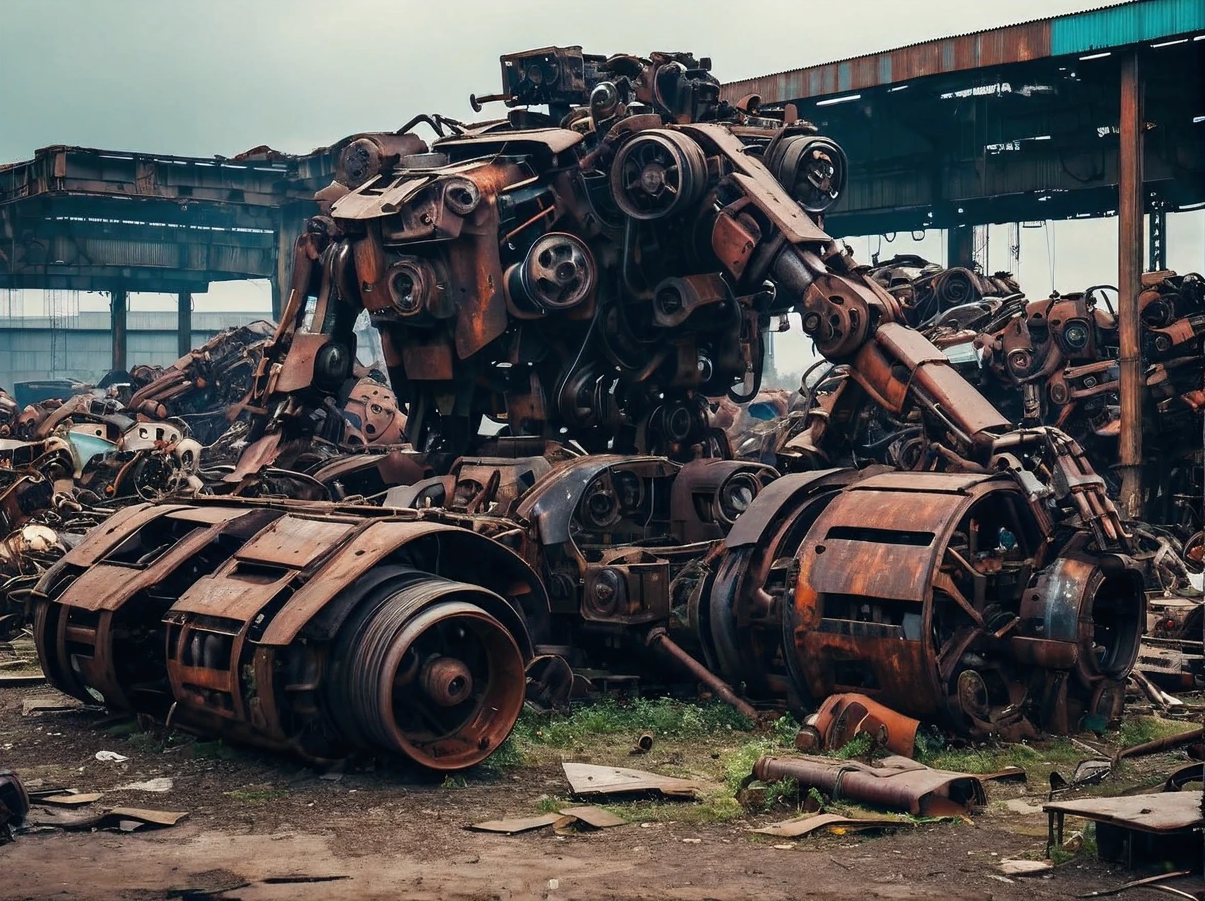 Abandoned mech, scrapyard, scrapyard of abandoned and dismantled and unused mechanical parts from giants mechs, individual parts, separate heads, separate bodies, separate arms and legs, rust, destruction, holes, broken glass, torn sheet metal, realistic photo, raw photo, 8k, film grain,
