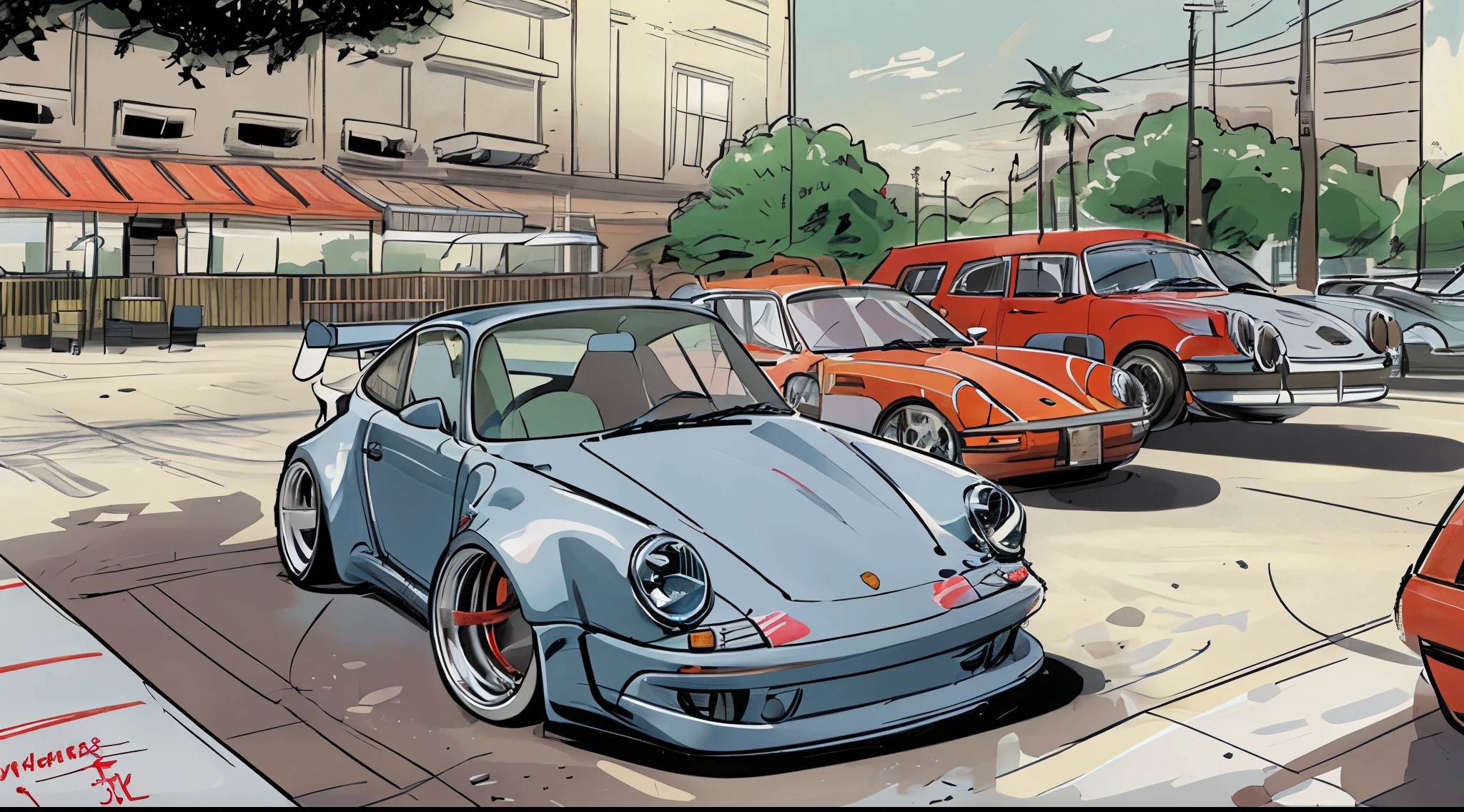 
Porsche 911 rwb, wide body, sketch, 
cartoonish, comic strip, Chip Foose car rendering, chrome wheels, bagged, slammed to the ground, empty parkinglot, style dessin manga, couleur