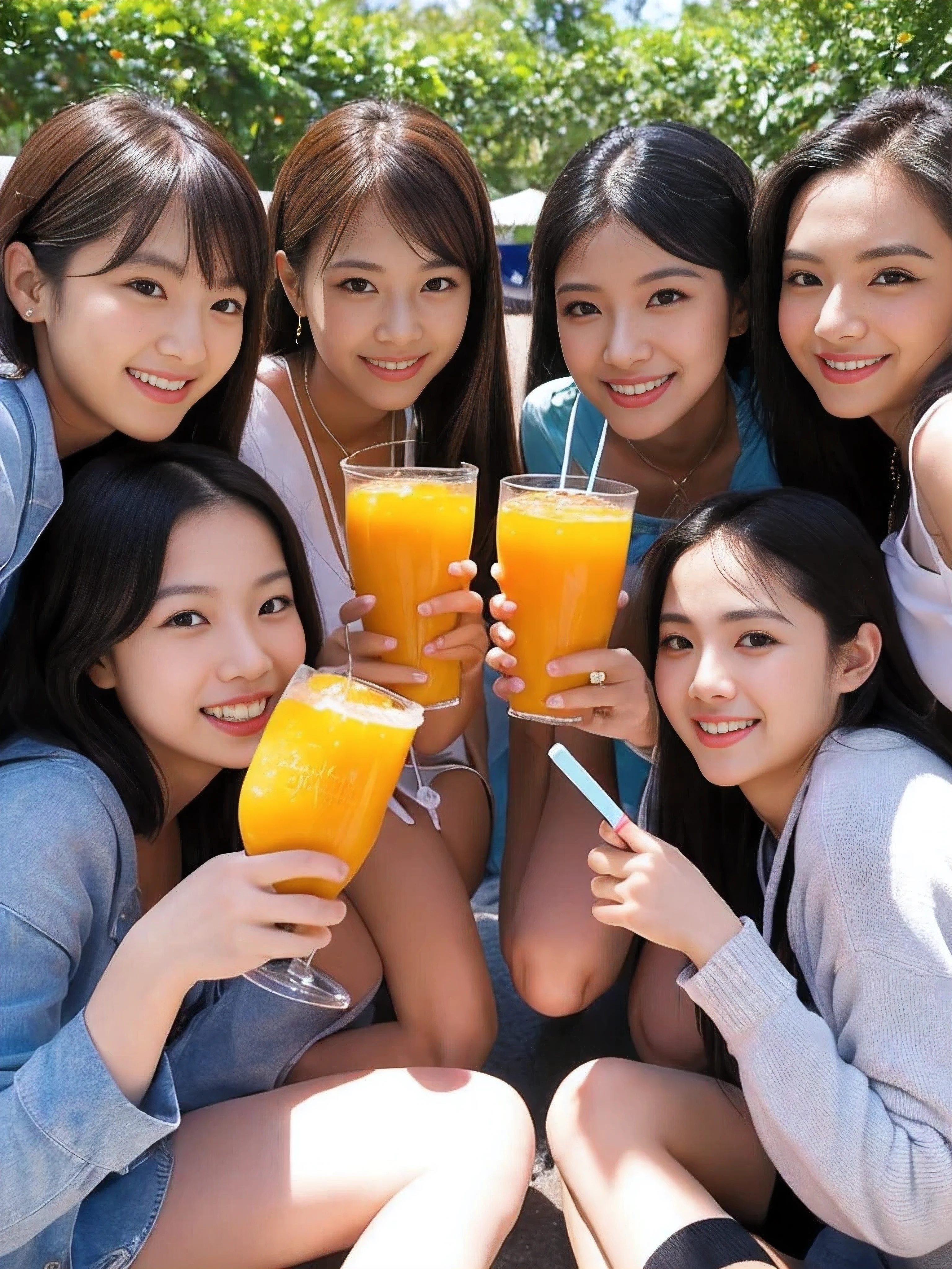 ((Best quality, masterpiece)), five lifelong friends,japanese idol,costume,((orange juice)), warmly embracing, smiling ear-to-ear, surrounded by lush greenery and a crisp blue sky, basking in the sunshine of a perfect day.