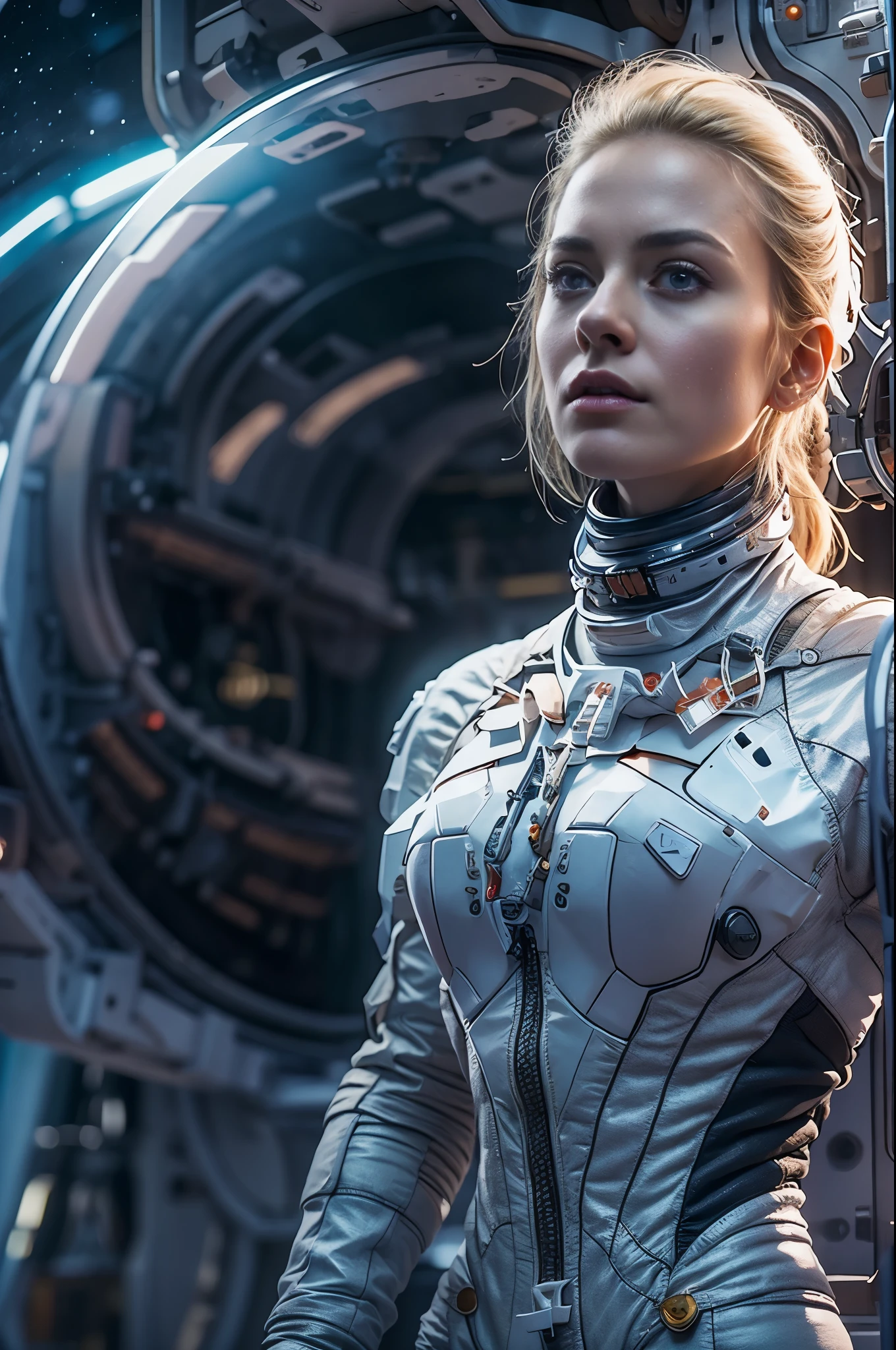 Masterpiece, a beautiful 25 years old German blonde girl, solitary female astronaut, desolated planet landscape, space and stars, electric atmosphere, utility belt, Metallic Gray Zinc, sci-fi, ultra high res.photorealistic, 16k, UHD, HDR, the best quality, body-tight astronaut suit, intricate, the most fantastic details, RAW, dramatic lighting, full body, beautiful face, thin face, ultra high detailed blue-grey eyes, ultra high detailed face, blonde hair with bun, space ships in the sky, realistic reflections, sunrise, to scale, lonely, determined, dynamic posture, a space military compound in the background