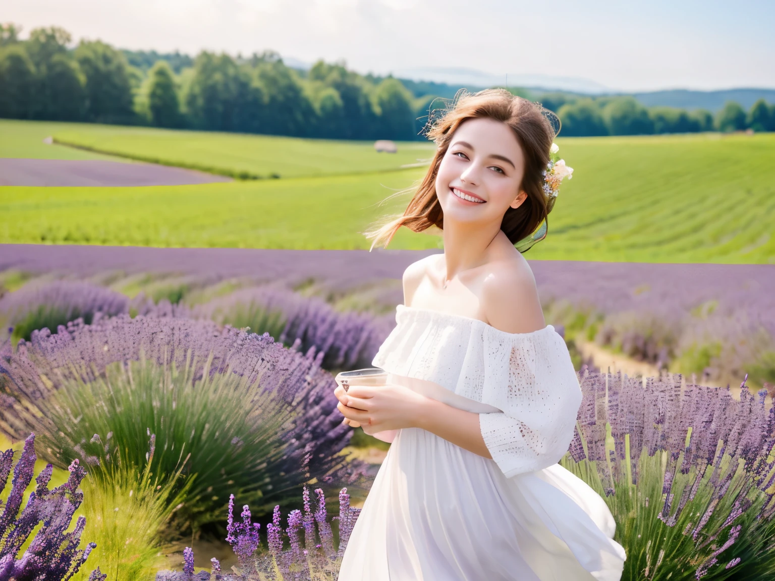 highest quality, masterpiece, ultra high resolution, (realistic:1.4), RAW photo, 1 girl, white dress, off shoulder, lavender field,flower purple flower field, glowing skin, light smile、riding a white horse、