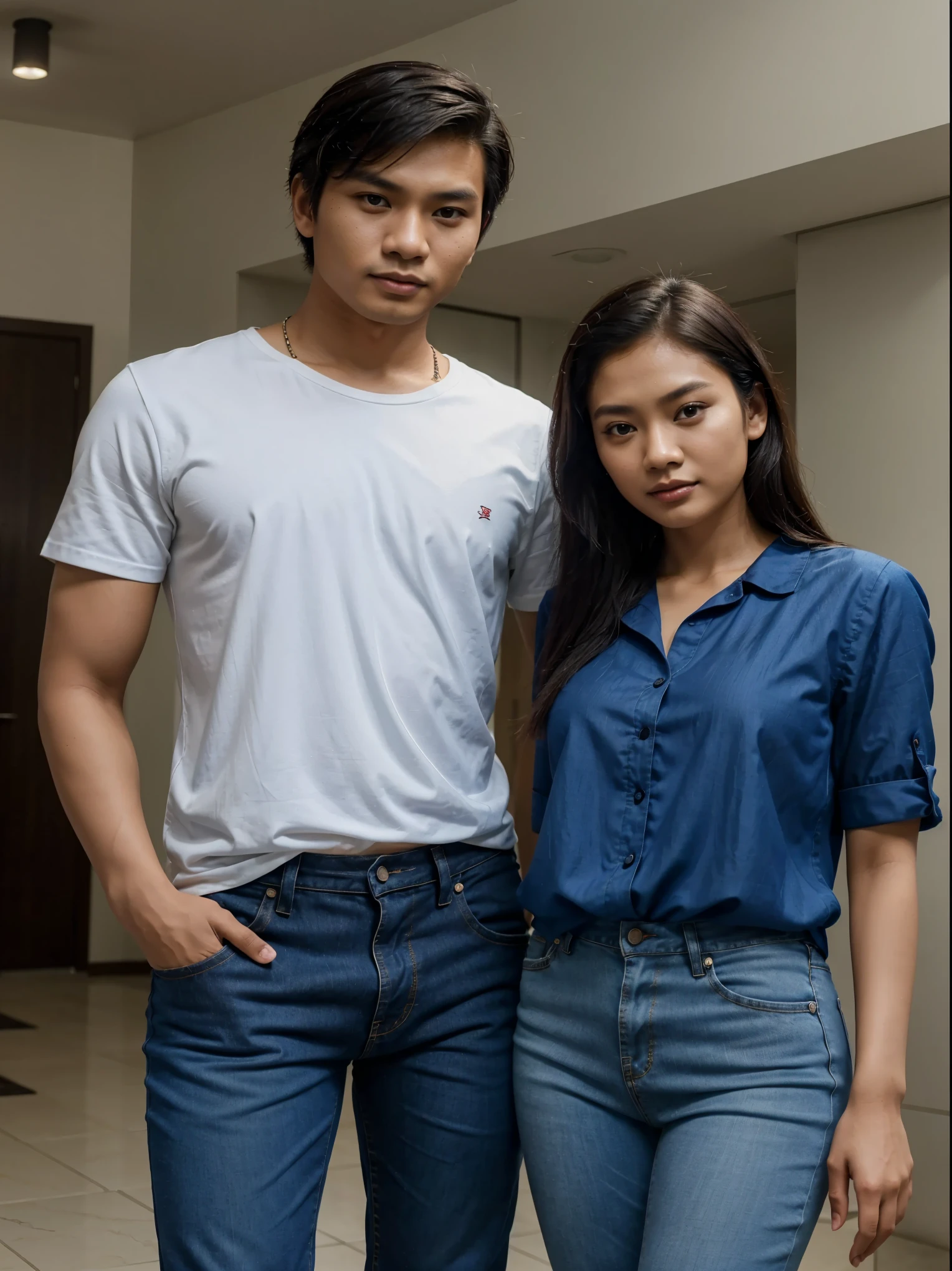 an Indonesian man and an Indonesian woman standing next to each other, an image, inspired by Adam Dario Keel, which is trending in the cg community, a handsome young Indonesian man with a beautiful young Indonesian woman in a blue blouse, short jeans, movie screencap, model elissa jes from acquamodels