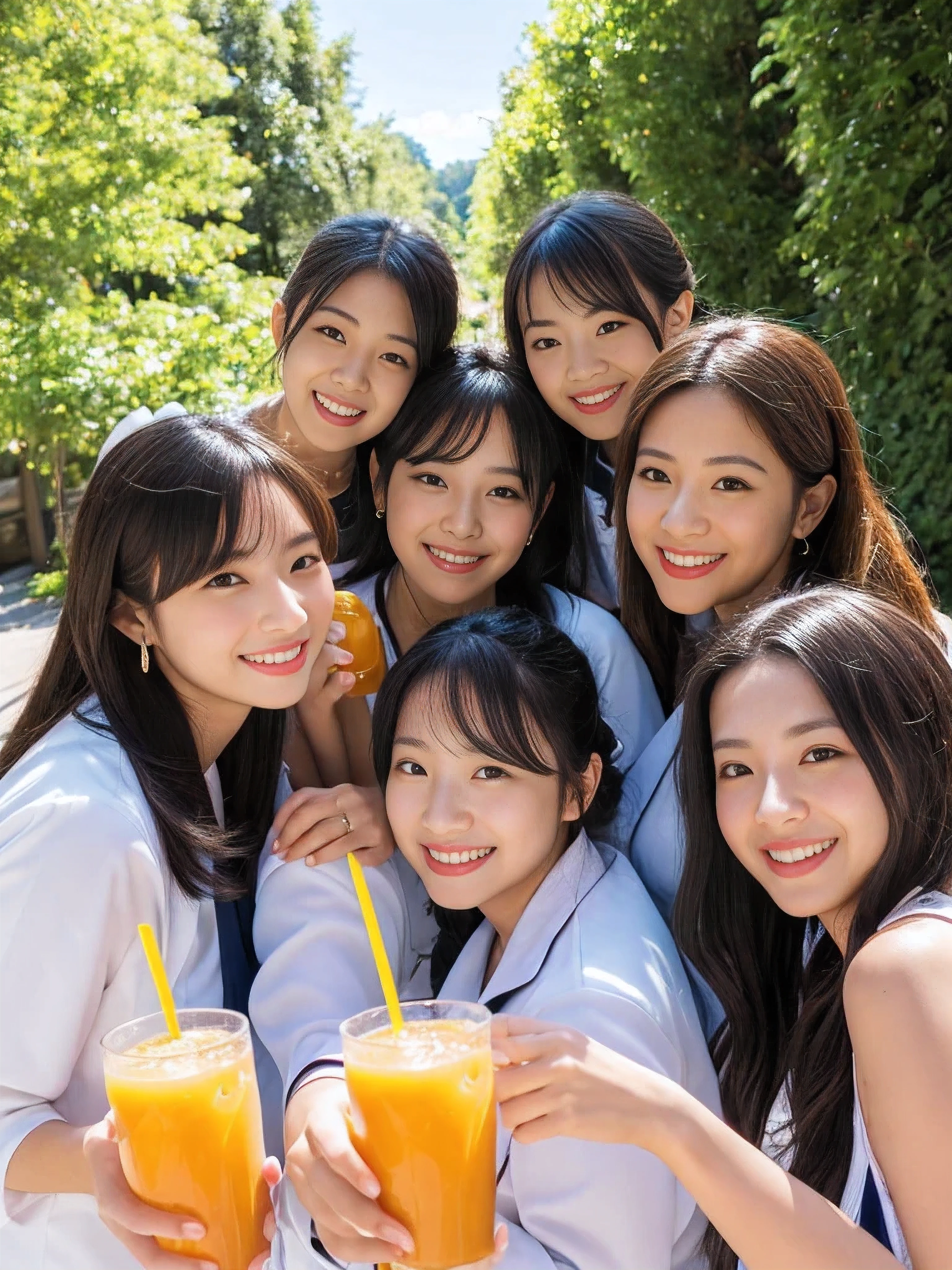 ((Best quality, masterpiece)), five lifelong friends,japanese idol,costume,((orange juice)), warmly embracing, smiling ear-to-ear, surrounded by lush greenery and a crisp blue sky, basking in the sunshine of a perfect day.