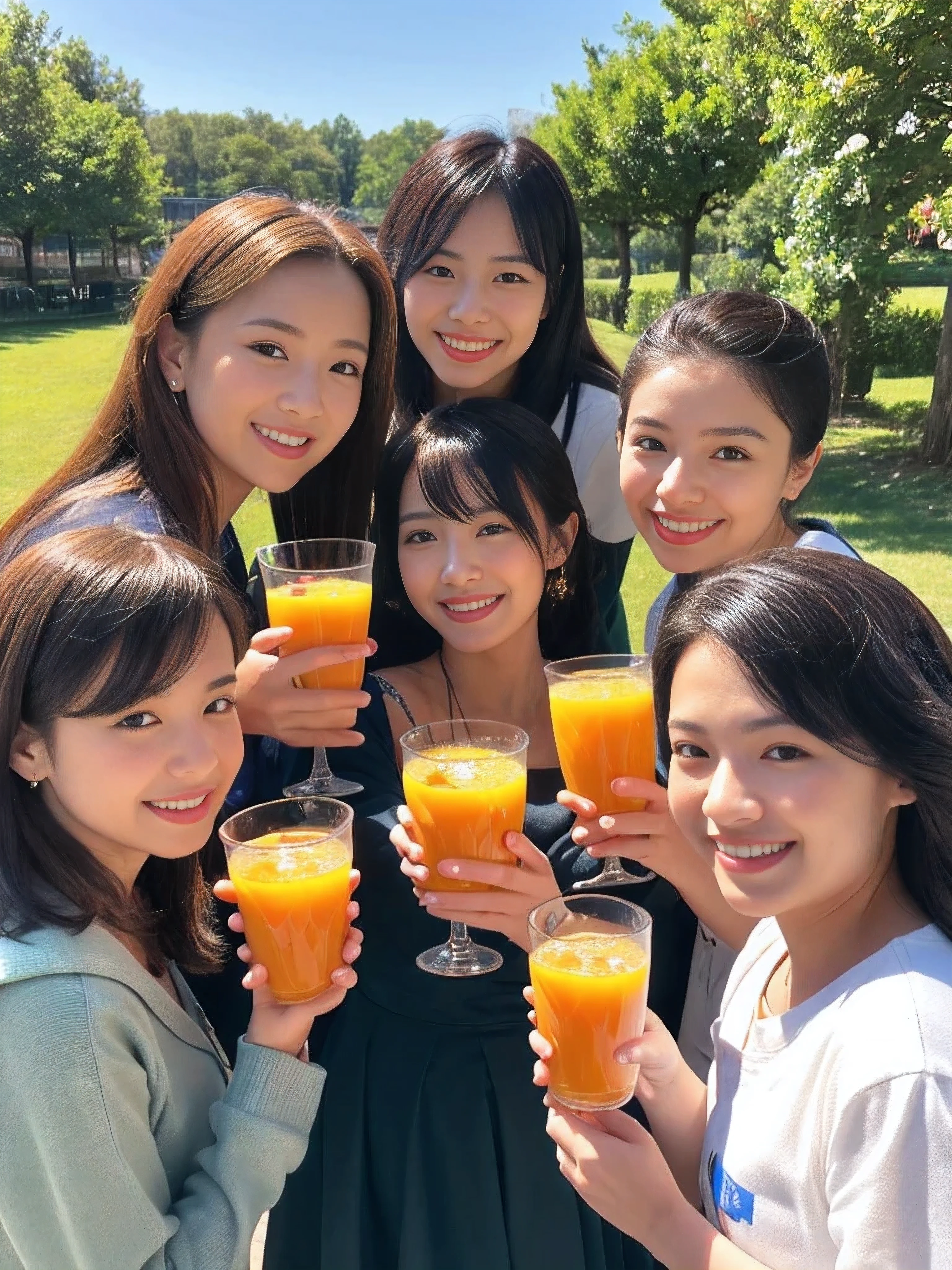 ((Best quality, masterpiece)), five lifelong friends,japanese idol,costume,((orange juice)), warmly embracing, smiling ear-to-ear, surrounded by lush greenery and a crisp blue sky, basking in the sunshine of a perfect day.