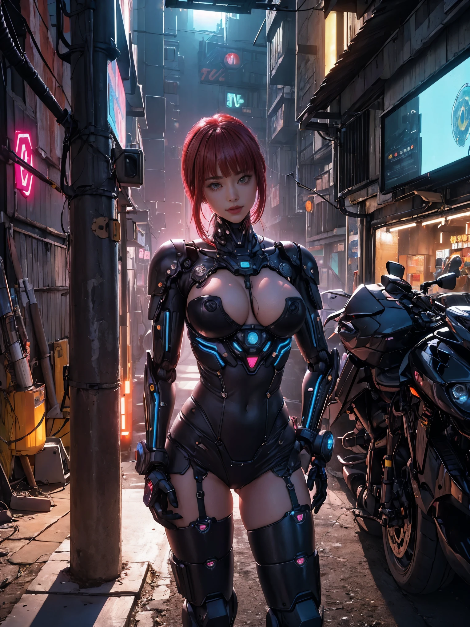 (Mejor calidad, Obra maestra:1.2), ciberpunk, vulgar, nasty cyborg woman in repair, ojo llameante, robots, love doll, rostro, Sex Shop, neon lights, dystopian cityscape, Dark alley, Fumar, Pintada, modificaciones corporales,nsfw,