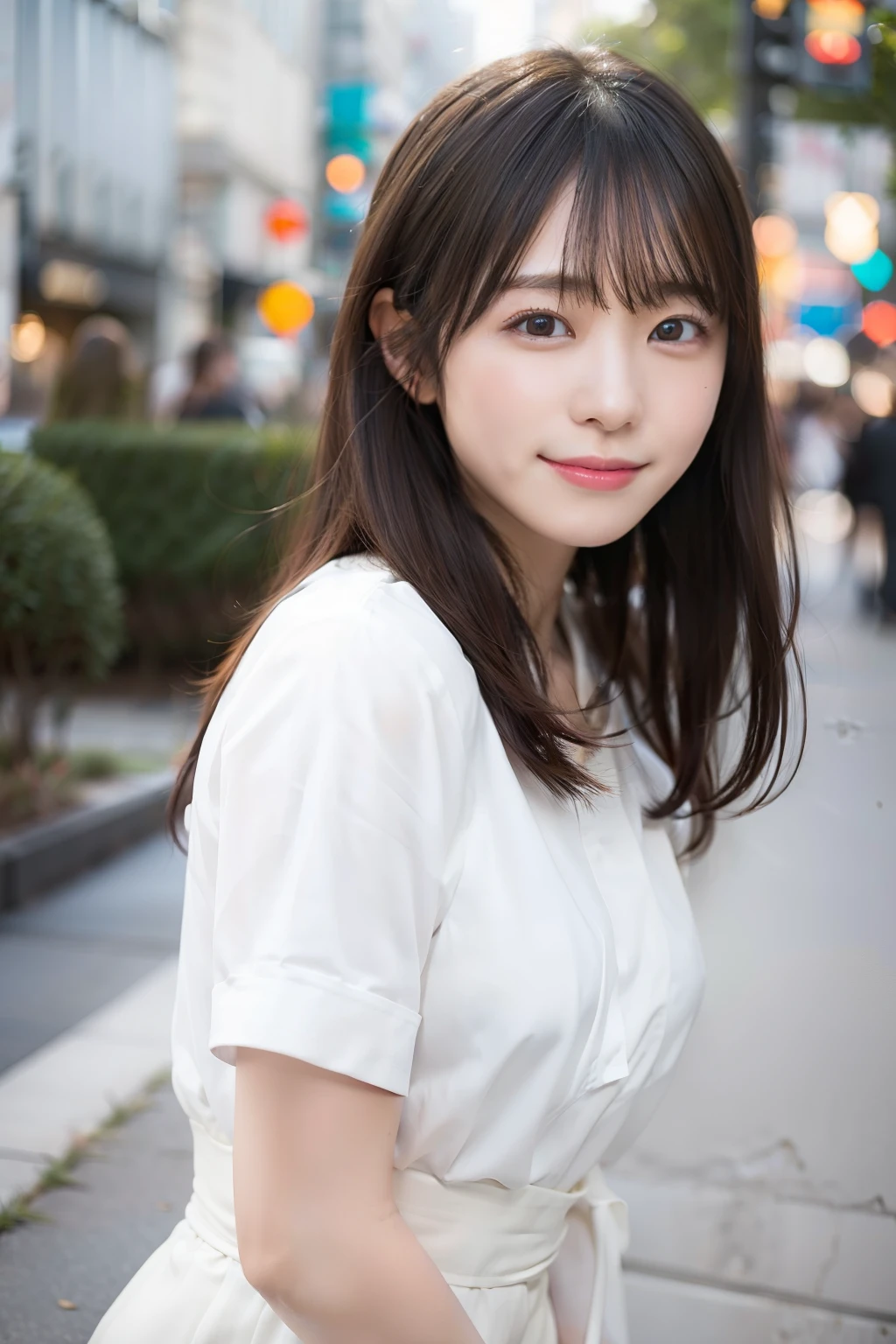 In 8K,highest quality:1.4, 超A high resolution:1.5, (realistic:1.4),masterpiece:1.2,(highest quality:1.4)、 RAW photo、 (background is blurry), 1 japanese girl, cute, (alone:1.4), (shy smile), smooth skin、 (brown medium hair,bangs),Nogizaka,supple fingertips,beautiful black eyes、dual、natural skin texture:1.3, Realistic eye and face details:1.7、medium breasts、daytime、tight buttocks:1.5、look at the viewer,Photographers3mpostpone, Upper body:1.8,(fine hair:1.1), (fine eyes:1.1)、cute、dating scene、Dating a man、I'm a girl、Date attire、cute clothes