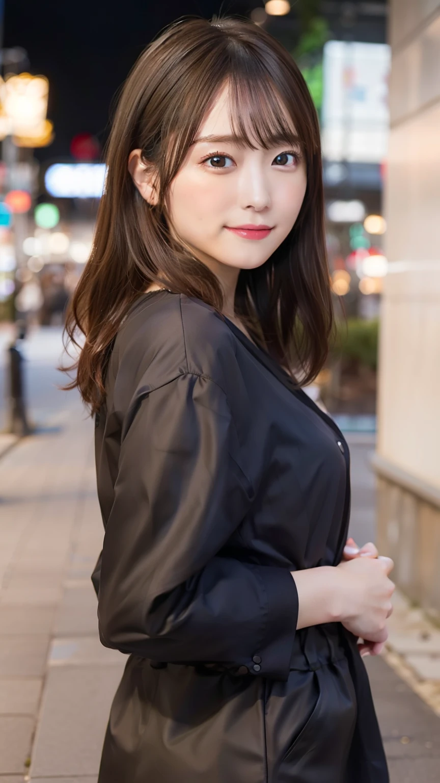 In 8K,highest quality:1.4, 超A high resolution:1.5, (realistic:1.4),masterpiece:1.2,(highest quality:1.4)、 RAW photo、 (background is blurry), 1 japanese girl, cute, (alone:1.4), (shy smile), smooth skin、 (brown medium hair,bangs),Nogizaka,supple fingertips,beautiful black eyes、dual、natural skin texture:1.3, Realistic eye and face details:1.7、medium breasts、daytime、tight buttocks:1.5、look at the viewer,Photographers3mpostpone, Upper body:1.8,(fine hair:1.1), (fine eyes:1.1)、cute、dating scene、Dating a man、I'm a girl、Date attire、cute clothes