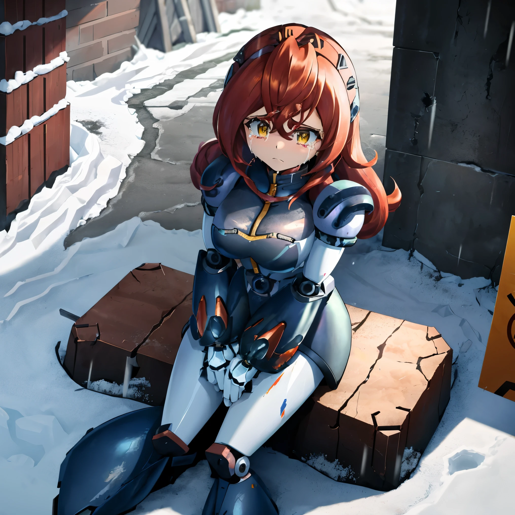 A female (average complexion,muscular,long curly red hair) is locked in a bulky mech suit making her look as character N from Murder Drones. She hides in an alley as she doesn’t know how she’s wearing the suit. (Best quality, ultra High Definition, 4k, extremely detailed) a Red head girl is huddled in an alley way, crying as she looks upon the armor she’s trapped in. The armor, with battle damage and worn paint, looks like robot N from the Tv series Murder Drones. The girls body is encased in the suit, with a black bomber jacket and black 70’s undershirt-style armor sitting ontop. A metallic gas mask-like armor is stuck to her face, unable to be removed and sealing her face inside, only showing her eyes. Long black treaded robot boots are encasing the girls’ legs. She looks upon this (black and yellow) outfit with confusion, as she has no idea how this armor came to be on her. She has tears in her eyes, as her red hair drapes over the armor, the curls making the hair look more full. The alley in which she hides gives off a cold feeling, as snow blankets the ground, with grey decrepit brick buildings up and down the perpendicular street. Heavy fog is coming in, with snowfall starting to cover the girl and surrounding abandoned buildings.