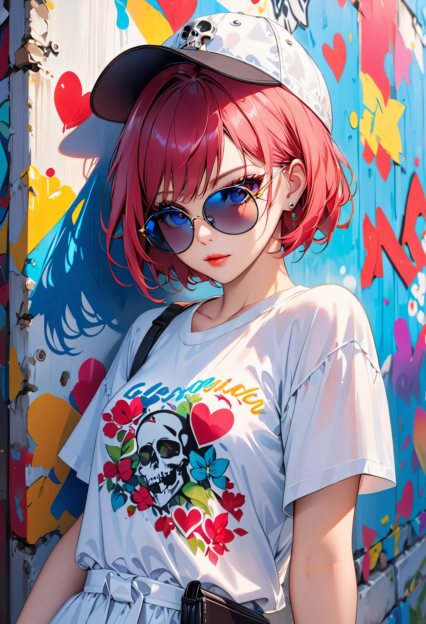 8K resolution、((highest quality))、((masterpiece))、((Super detailed))、1 female、alone、incredibly absurd、 (((most beautiful girl ever))), (((Stylish sunglasses))), lips in love, stylish cap,short cut hair、small breasts, ((skull(graffiti art wall))), colorful hair, provocative
