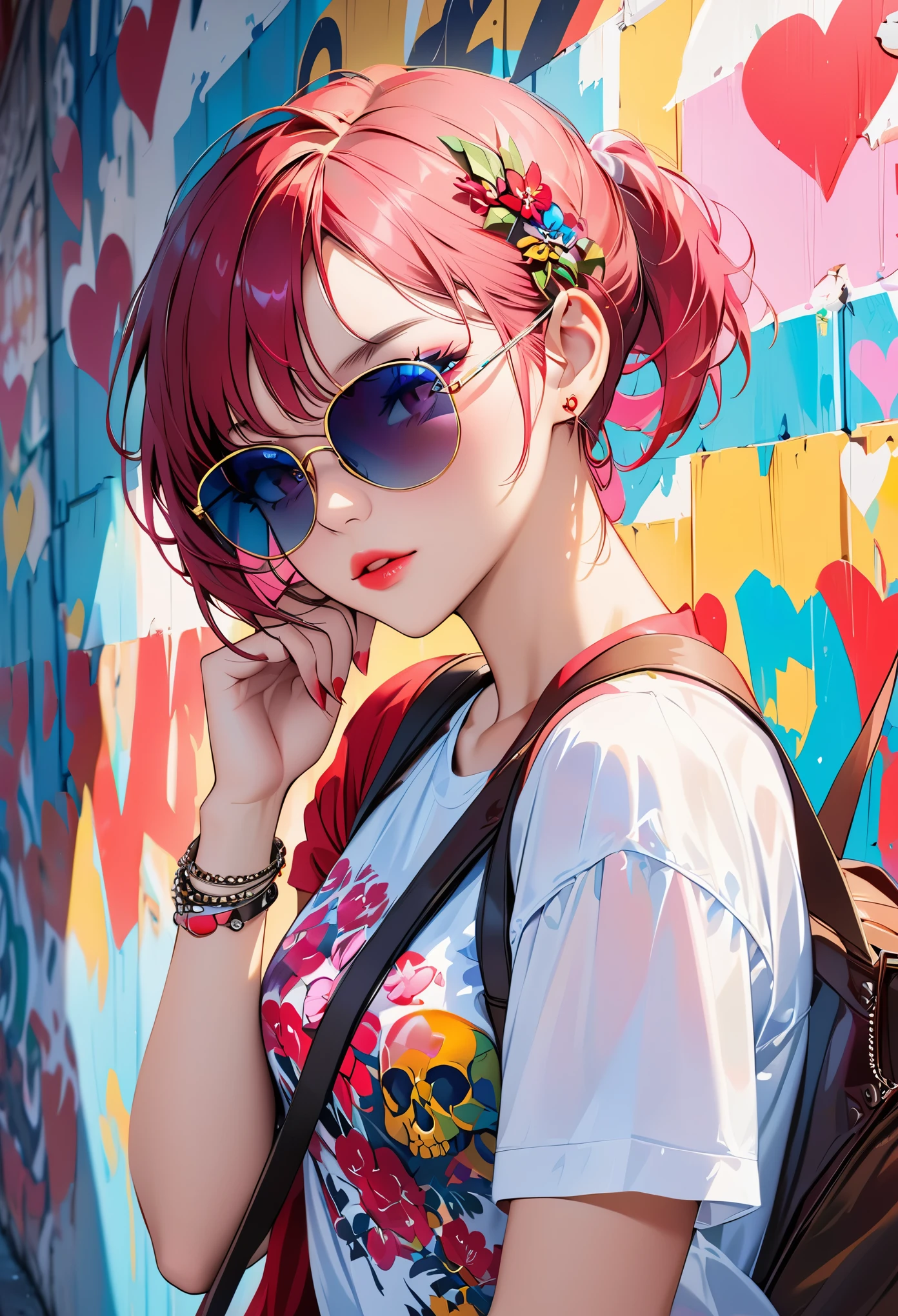 8K resolution、((highest quality))、((masterpiece))、((Super detailed))、1 female、alone、incredibly absurd、 (((most beautiful girl ever))), (((Stylish sunglasses))), lips in love, stylish cap,short cut hair、small breasts, ((skull(graffiti art wall))), colorful hair, provocative