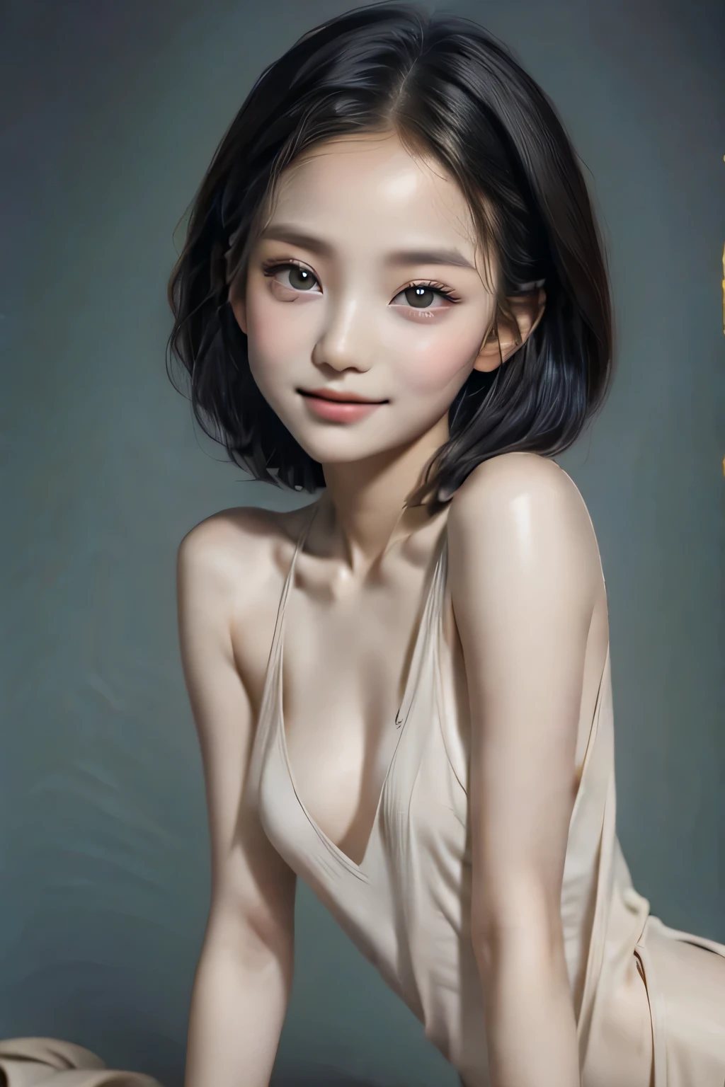 8k、High resolution、Beautiful woman of primitive times、young、white skin,、narrow eyes,high nose,lighting that illuminates the face、clear image、intellectual beauty、skinny、no makeup、The expression you show to your lover,shining hair、single eyelid,、vivid pose、looking at camera、relax on vacation、first inhabited country、Primeval forest、Hunting life