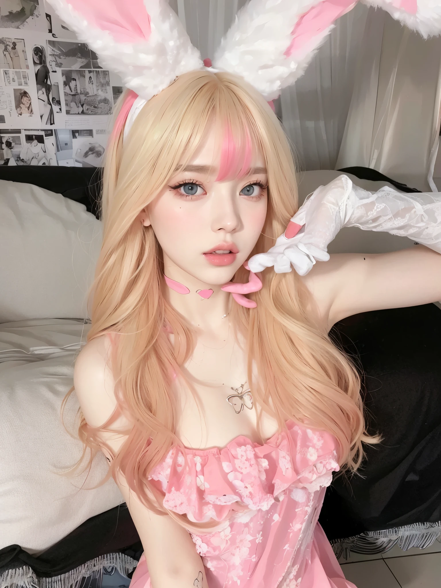 Blonde woman with long hair holding a white cell phone., retrato de kim petras, maquillaje popular de corea del sur, Retrato de Jossi de Blackpink, Parque Roseanne de Blackpink, ulzzang, maquillaje coreano popular, cruel korean gothic girl, ava max, con el pelo largo y blanco, inspirado en Yanjun Cheng, bella delfina, kim taejin