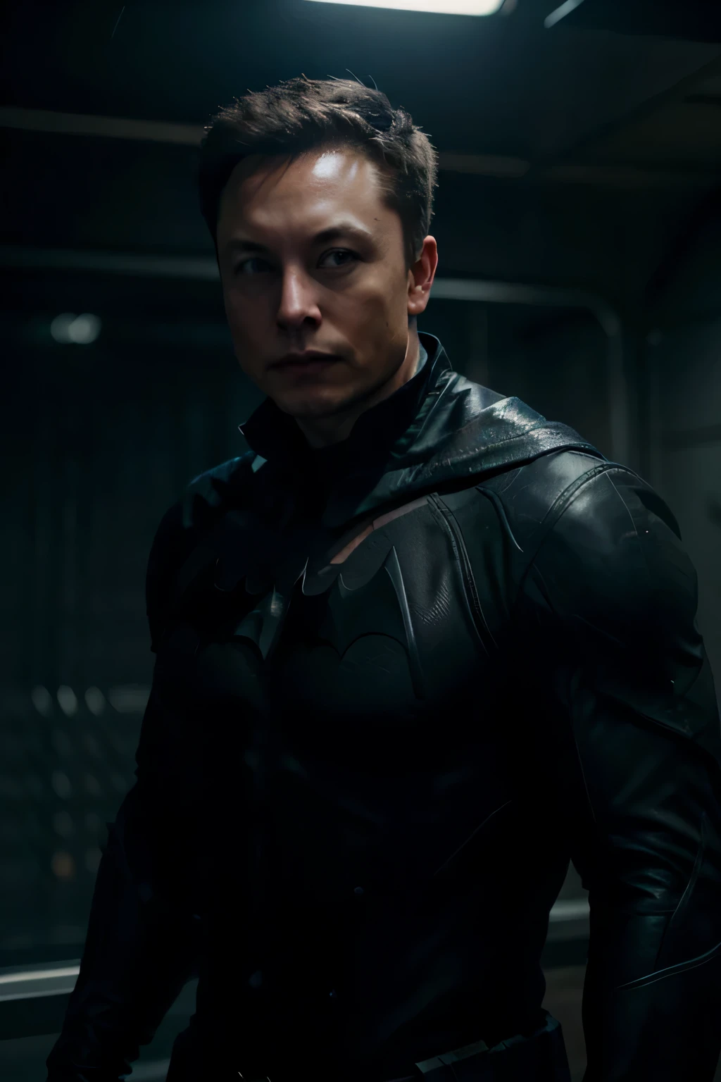 Elon Musk is dressed as batman the dark knight, in dark of Gotham Ciy, Elon Musk realistic detailed face, strong body, high definition image, Elon Musk detailed face
