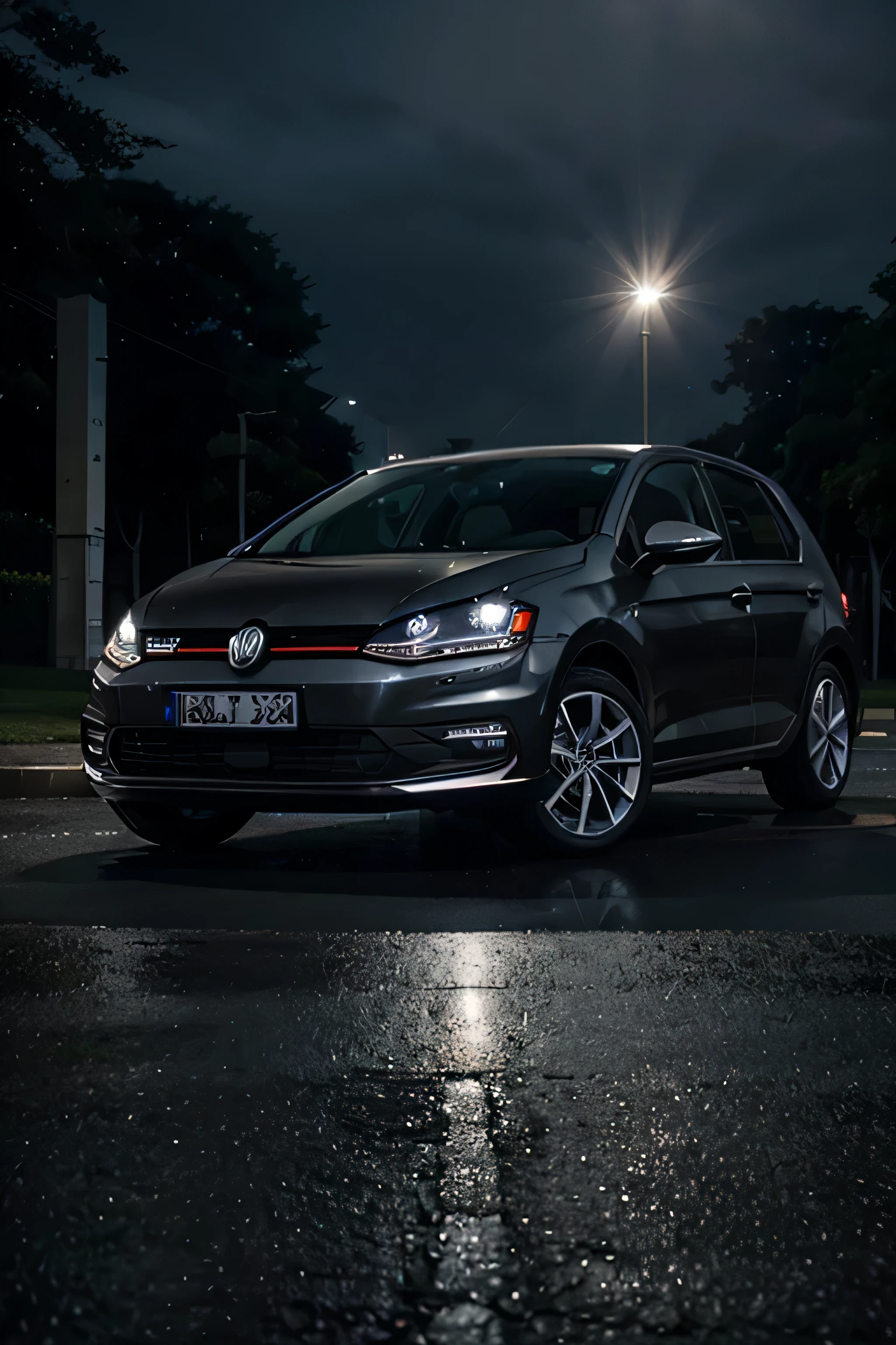 Uma imagem em formato 4k de cinema, no lado esquerdo um carro volkswagen golf 2014 tsi preto, a rear view taking the side. em um fundo preto, iluminado por uma luz branca de led vinda de um poste. Do lado direito inferior, um homem de costas, com os punhos serrados, ao lado do carro.