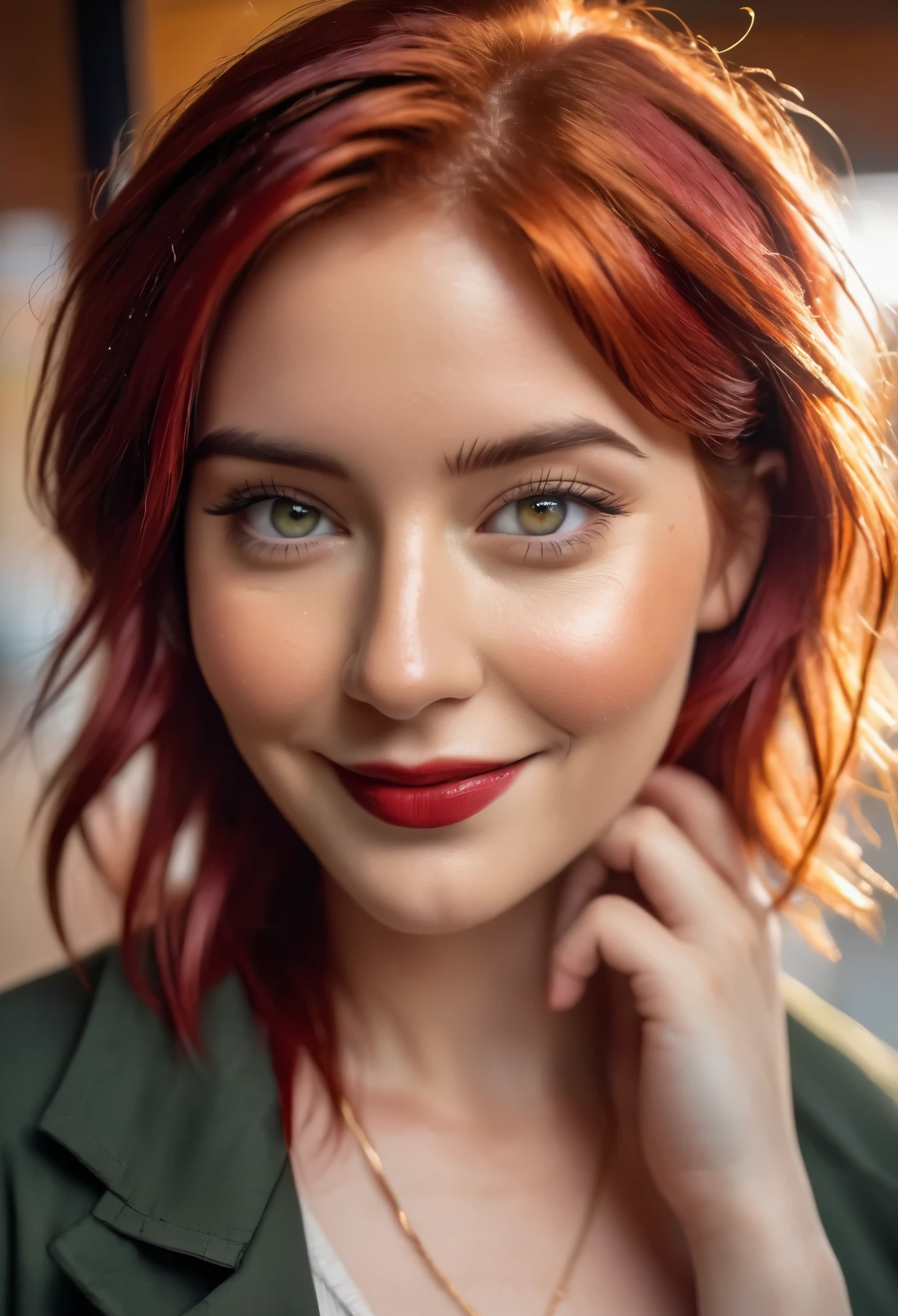 asymmetrical hair, hair over shoulder, messy hair, medium hair, red hair, beret, wide eyes, glowing eyes, hazel colored eyes, smile, light smile, plus size, cinematic lighting, social media composition, close-up, Eye-Level Shot, Sony FE, anatomically correct, super detail, award winning, 4K