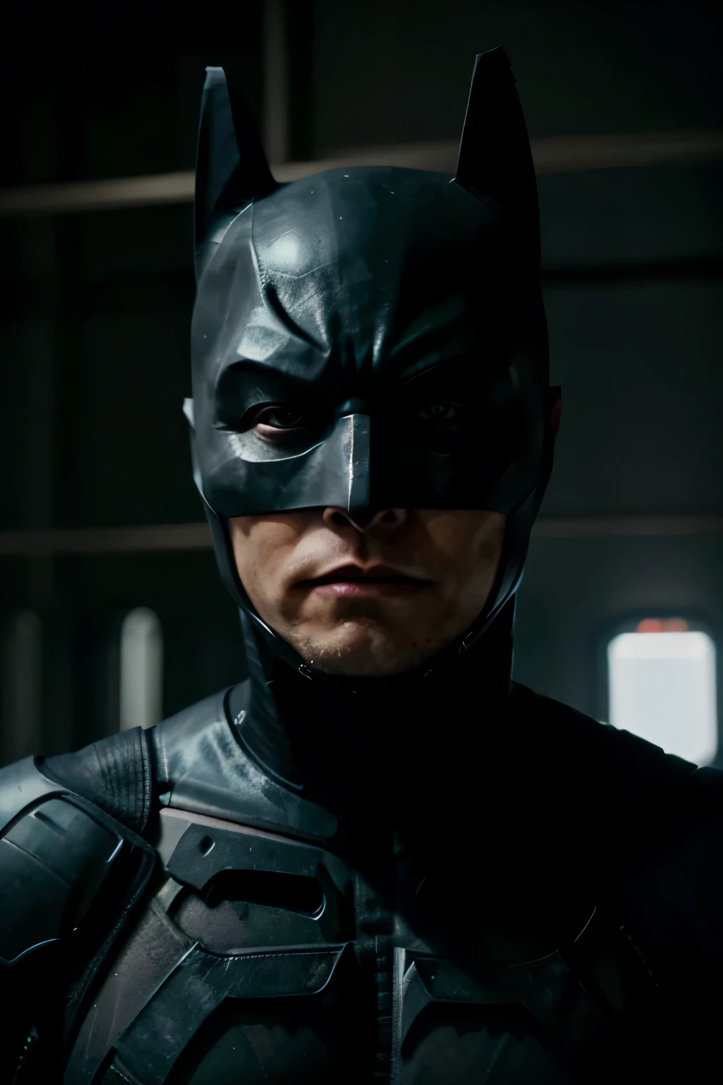Elon Musk is dressed as batman the dark knight, in dark of Gotham Ciy, Elon Musk realistic detailed face, strong body, high definition image, Elon Musk detailed face, batman mask