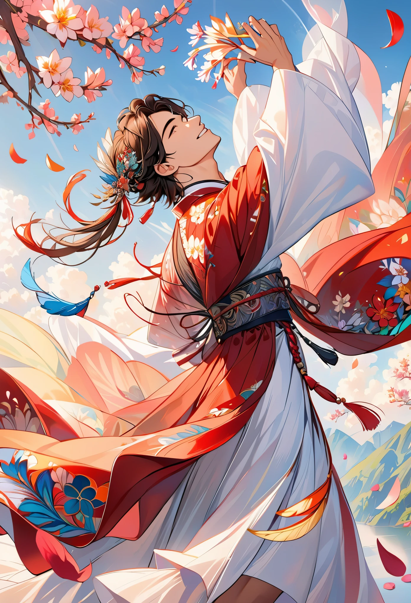 (1boy, solo, from side), extremely detailed, (abstract background, zentangle, fractal art:1.3), (many colors, colorful:1.1), (feathers, petals, flowers:1.3), dynamic pose, earrings 16k,3d,hanfu,smiling, long black hair, beautiful men,joyful,gentle man 