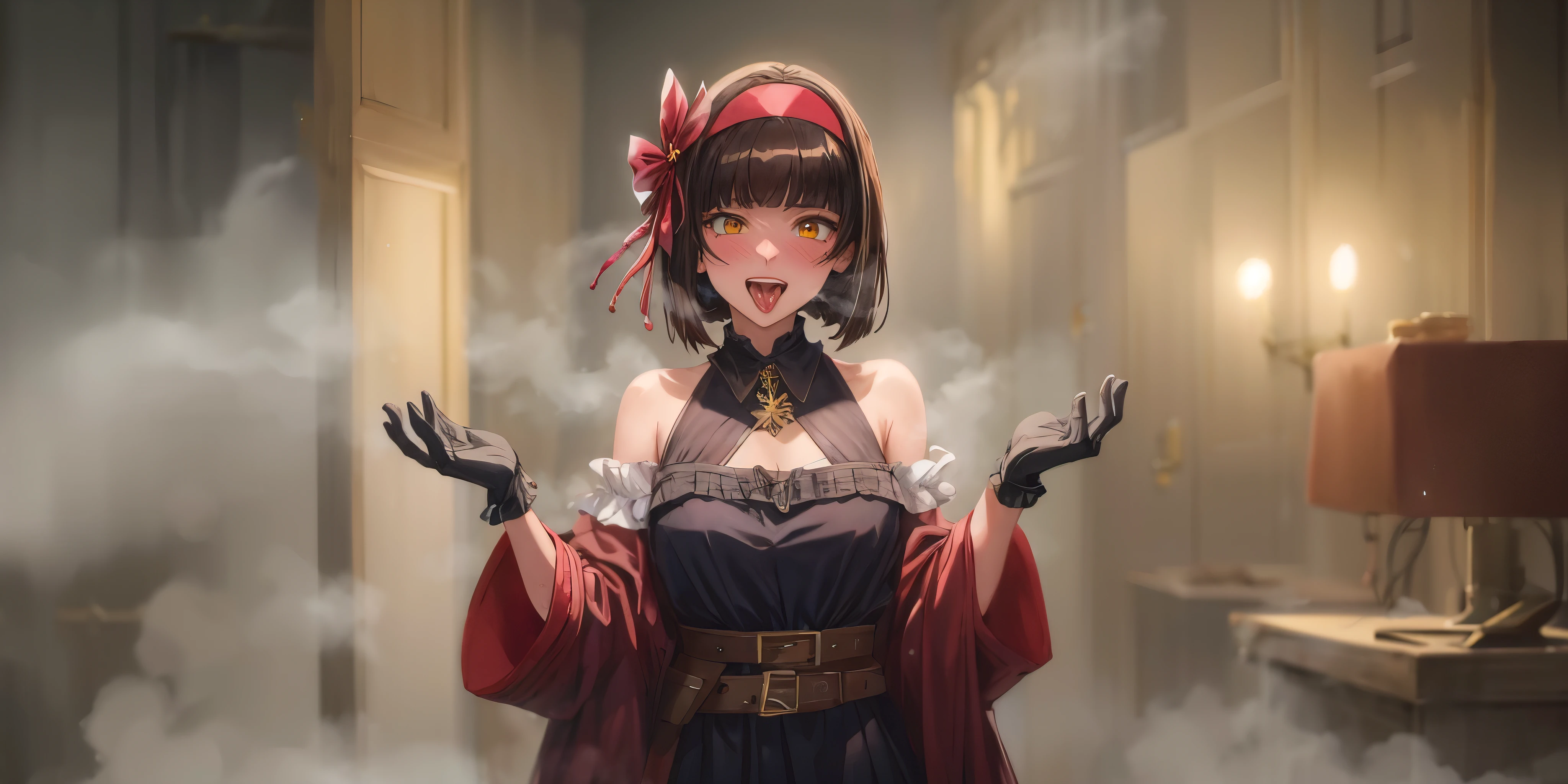 mio, hairband, black gloves, hair bow, hair ornament, hair ribbon, makeup, medium hair, black hair, breasts, black_gloves, large_breasts, solo, short_hair, bare_shoulders, indoors, dress, looking_at_viewer, belt, earrings, iron_cross, bangs, jewelry, hair_ornament, "Photorealistic, Hyperrealistic, Hyperdetailed, analog style, soft lighting, subsurface scattering, realistic, heavy shadow, masterpiece, best quality, ultra realistic, 8k, golden ratio, Intricate, High Detail, film photography, soft focus", sweating, steaming body, fog, facing viewer, open mouth, upper teeth, lips, golden eyes, tongue, blush, smirk, upper teeth,