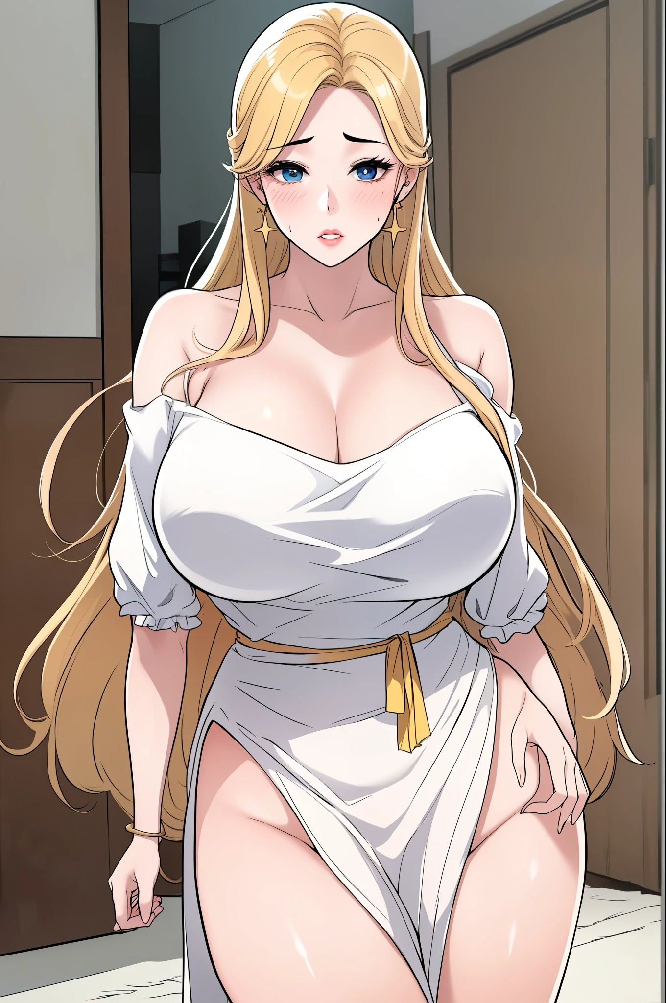 a voluptuous sexy busty mother who is insanely and extremely sexy cute pretty voluptuous beautiful pretty curvy busty hot sexy with an extremely shiny glass SNOW FAIR WHITE LUSH SILKY smooth lush plump glass glowing skin and perfect round cleavage and her INSANE tight perfect hourglass figure, her wide soft hips, and her skinny lush soft plump arms and her thick sexy SNOW FAIR lush legs and thighs, her big soft plump perfect round thick ass with her bright SNOW FAIR LUSH plumpy round cleavage and her glowing fair shoulders exposed along with her shiny GOLD long YELLOW BLONDE hair untangled and open hiding one of her eyes with her extremely insanely god tier cute irresistible smile kind gentle look on her extremely cute pretty face with her big shiny bright stunning blue eyes and her shiny black eyelashes and her two bright pink blushes and her bright pink puffy lips on her face and her pink shiny nails, looking at the viewer. The woman has no wrinkles, no tattoos, no signs of anything that's not unattractive but just raw god's given absolute irresistible otherwordly god-tier beauty possessing the most irresistible charm and beauty in all of mankind's history and future as she's the peak and epitome of a woman's elegance and feminity and her insane, impossible, and unimaginable levels of beauty the woman has, the woman stands straight in an alluring sexy feminine pose as she's wearing a sexy loose short black white dress revealing thread dress with an off-the-shoulder white sweater over it with her shiny YELLOW high heels along with a red ribbon and small stars and a piece of small jewelry hanging on her hair with a piece of golden jewelry on her smooth lush snow fair clean tender soft smooth neck and gold bangles on her wrist and gold anklets with small bells on her two feet and gold earrings on her lush fair white fair pinkish ears and a gold belt on waist, SEDUCTIVE TEMTPING INTOXICATING BLUSHING EXPRESSION, flowers on hair, standing, eyes wide open