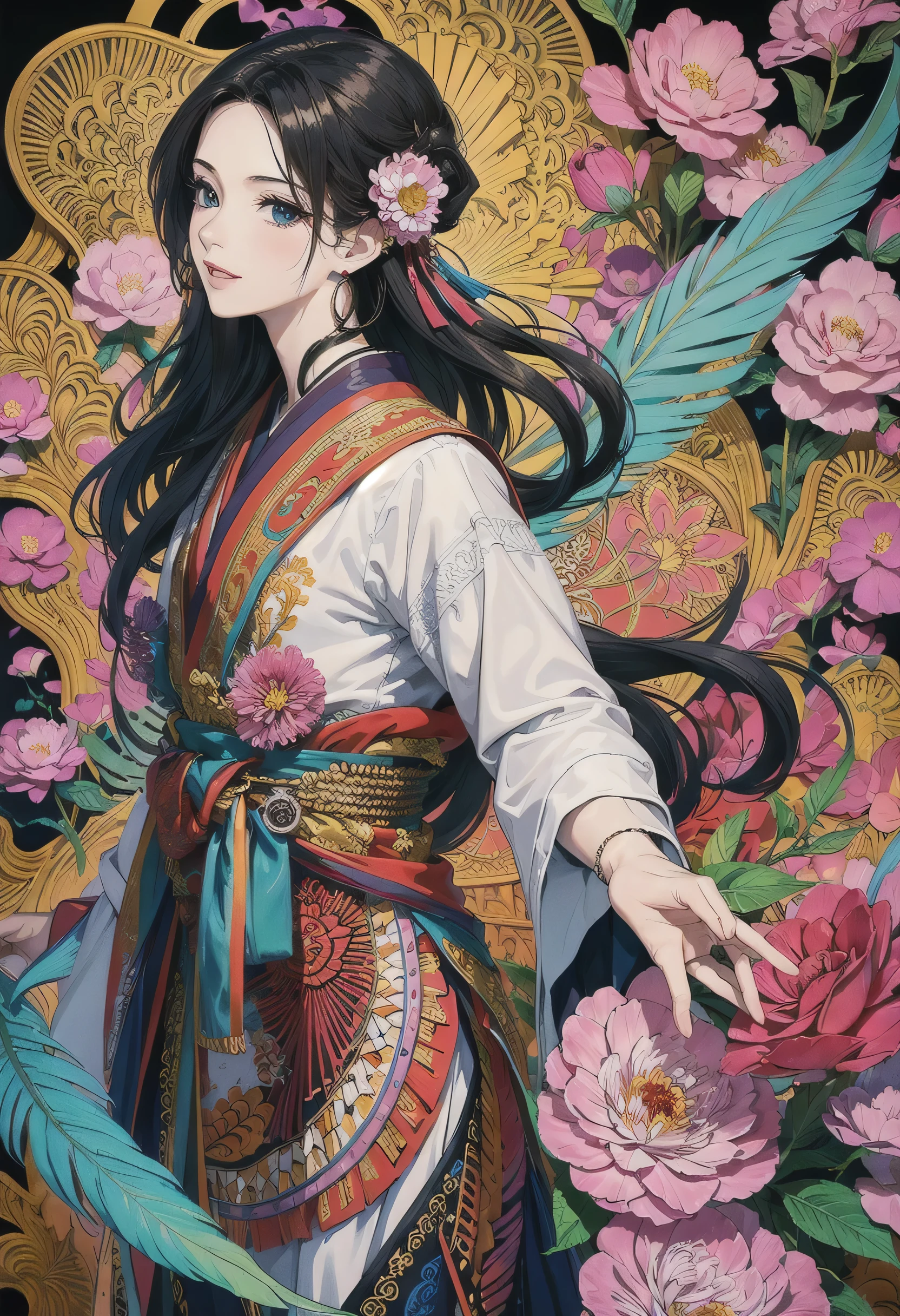 (1 boy, alone, from the side), Very detailed, (abstract background, tangled, Fractal art:1.3), (Many colors, rich and colorful:1.1), (feather, petal, flowers:1.3), dynamic poses, Earrings 16k,3d,Hanfu,smiling, long black hair, beautiful man,hapiness,gentleman