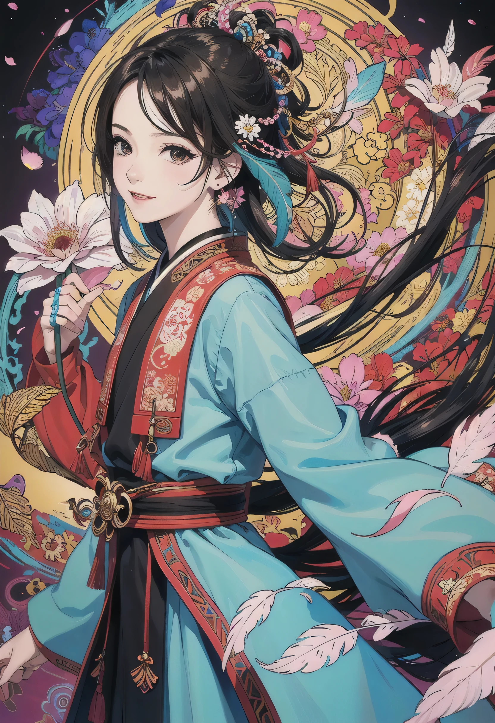 (1 boy, alone, from the side), Very detailed, (abstract background, tangled, Fractal art:1.3), (Many colors, rich and colorful:1.1), (feather, petal, flowers:1.3), dynamic poses, Earrings 16k,3d,Hanfu,smiling, long black hair, beautiful man,hapiness,gentleman 