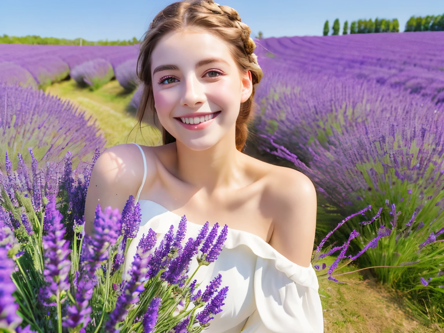highest quality, masterpiece, ultra high resolution, (realistic:1.4), RAW photo, 1 girl, white dress, off shoulder, lavender field,flower purple flower field, glowing skin, light smile、His face is close to a white horse