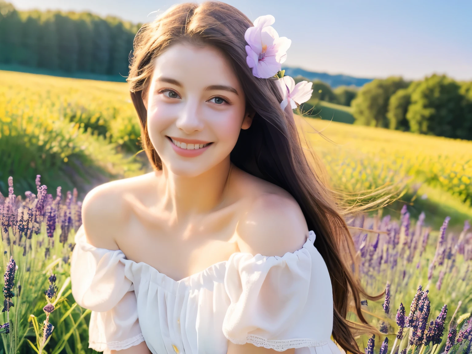 highest quality, masterpiece, ultra high resolution, (realistic:1.4), RAW photo, 1 girl, white dress, off shoulder, lavender field,flower purple flower field, glowing skin, light smile、His face is close to a white horse