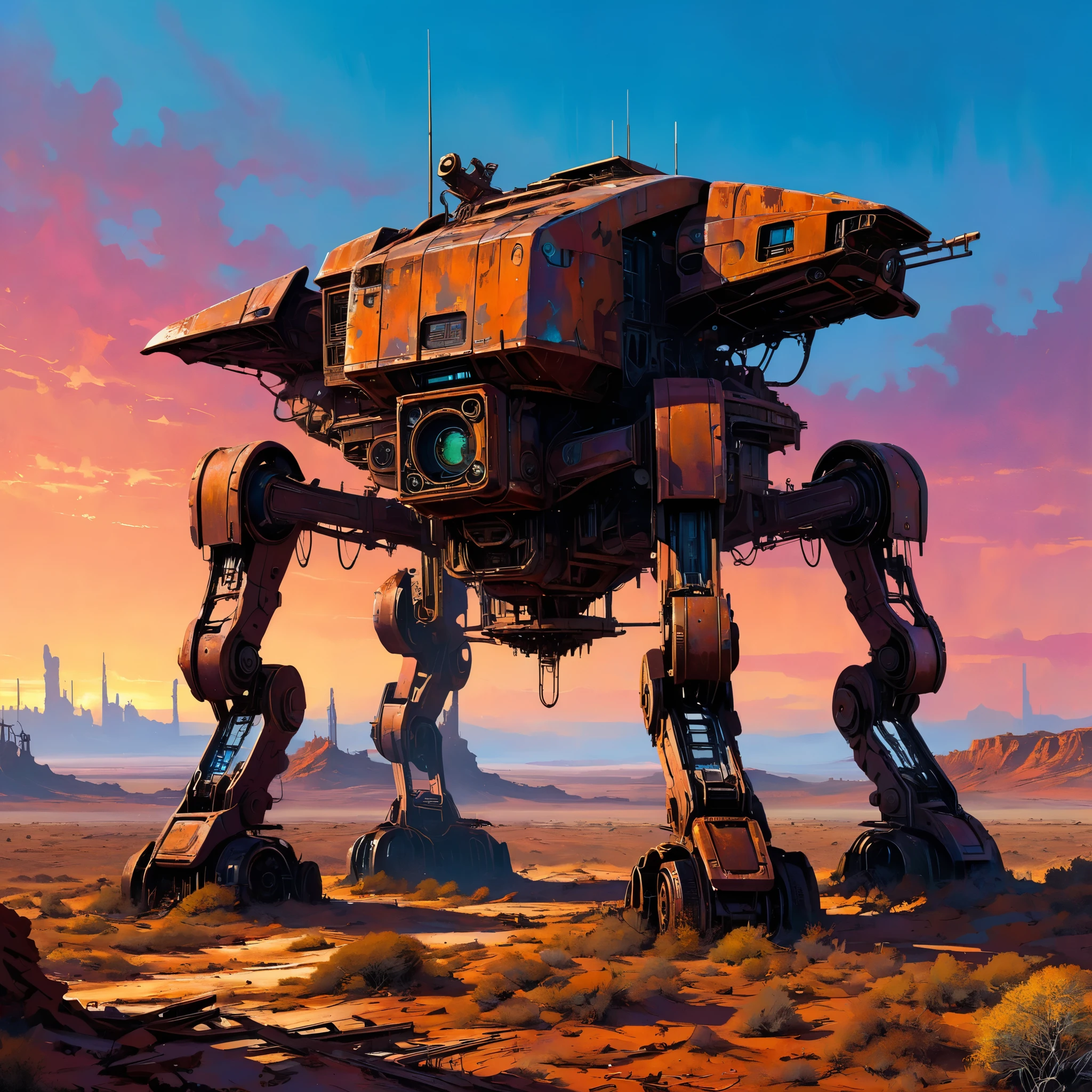 Post-apocalyptic scene, In the fading light of the zero dawn horizon, an abandoned futuristic machine, with wear and tear visible, stands alone on a desolate planet. Paint the scene with intricate details, rust-colored metallic tones, and neon accents, evoking a sense of mystery and solitude.