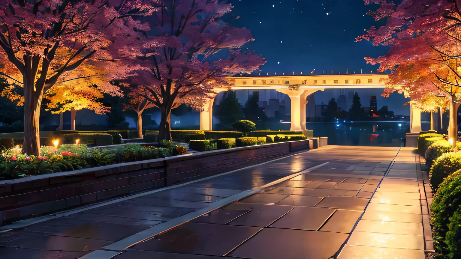 A pixelated park in the heart of the city, surrounded by pixel art buildings, where the absence of people allows for a serene view of the stars twinkling above.