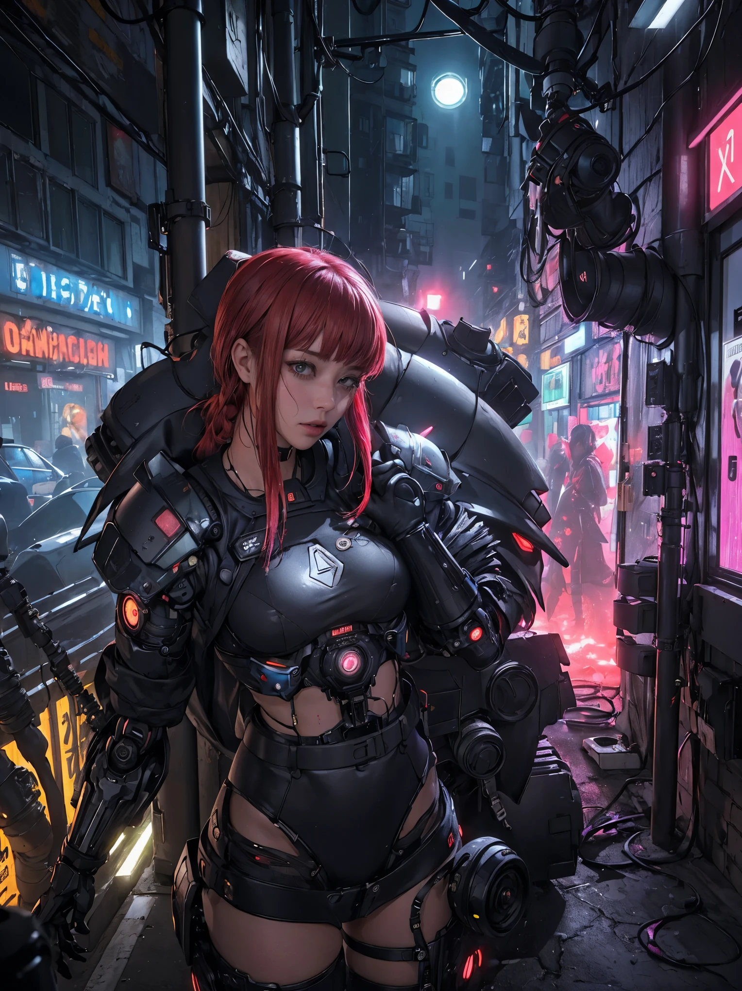 (Mejor calidad, Obra maestra:1.2), ciberpunk, vulgar, nasty cyborg woman in repair, ojo llameante, robots, love doll, rostro, Sex Shop, neon lights, dystopian cityscape, Dark alley, Fumar, Pintada, modificaciones corporales,nsfw,