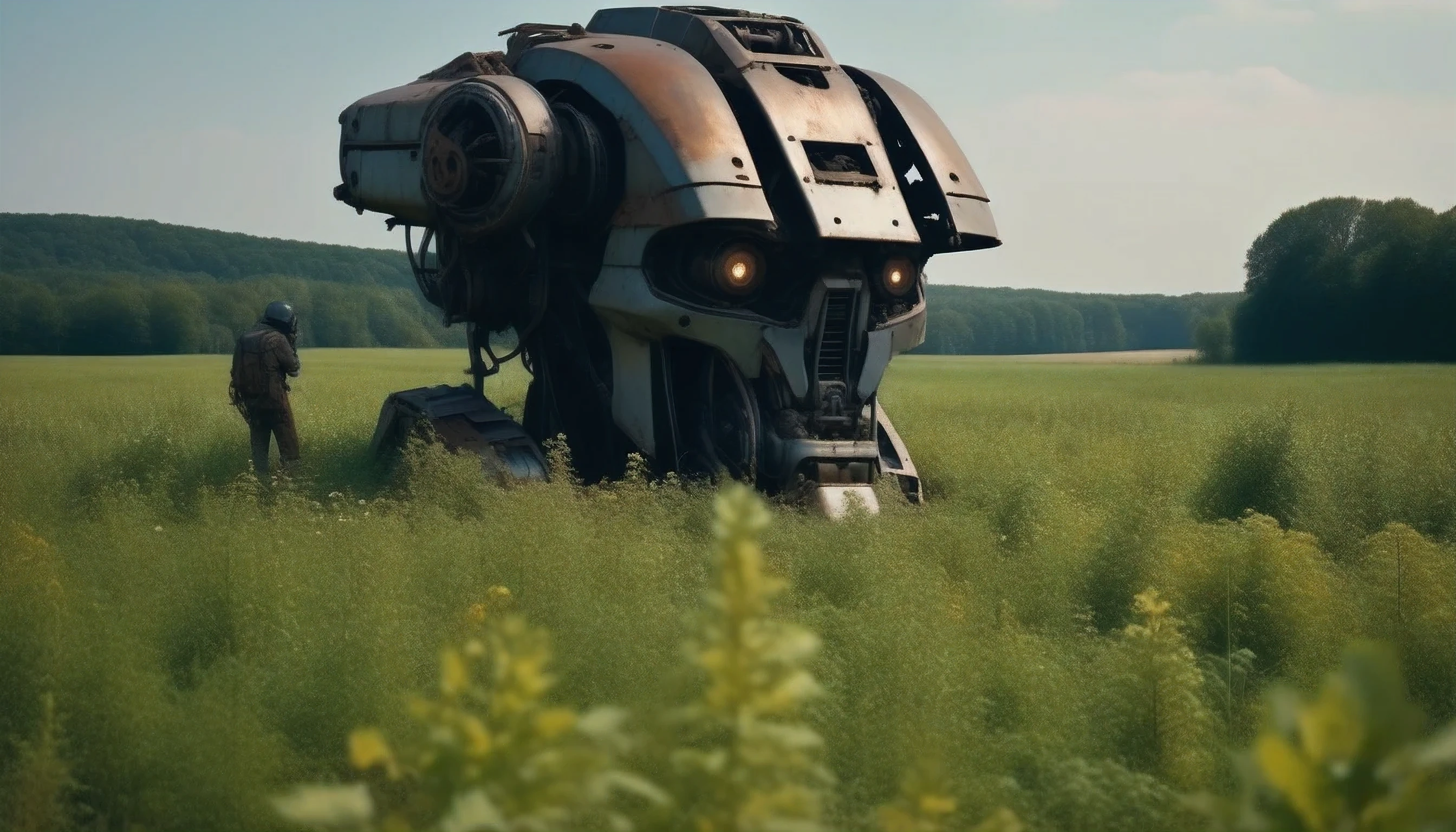 Abandoned giant mech's head, broken and decaying mech's head  in field, It lies in the middle of the field, partially buried in the ground, from above the ground protrudes most of the head of mech, rust, dismembered, huge damage, destroyed, abandoned, unfit for use, extremely detailed, rust, destruction, holes, broken glass, torn sheet metal, Burnt parts, rocket holes, Next to the head of the mecha stands an adult who seems tiny next to it,  panoramic shot, realistic photo, raw photo, 8k, film grain, imersive background of field and forest far in background