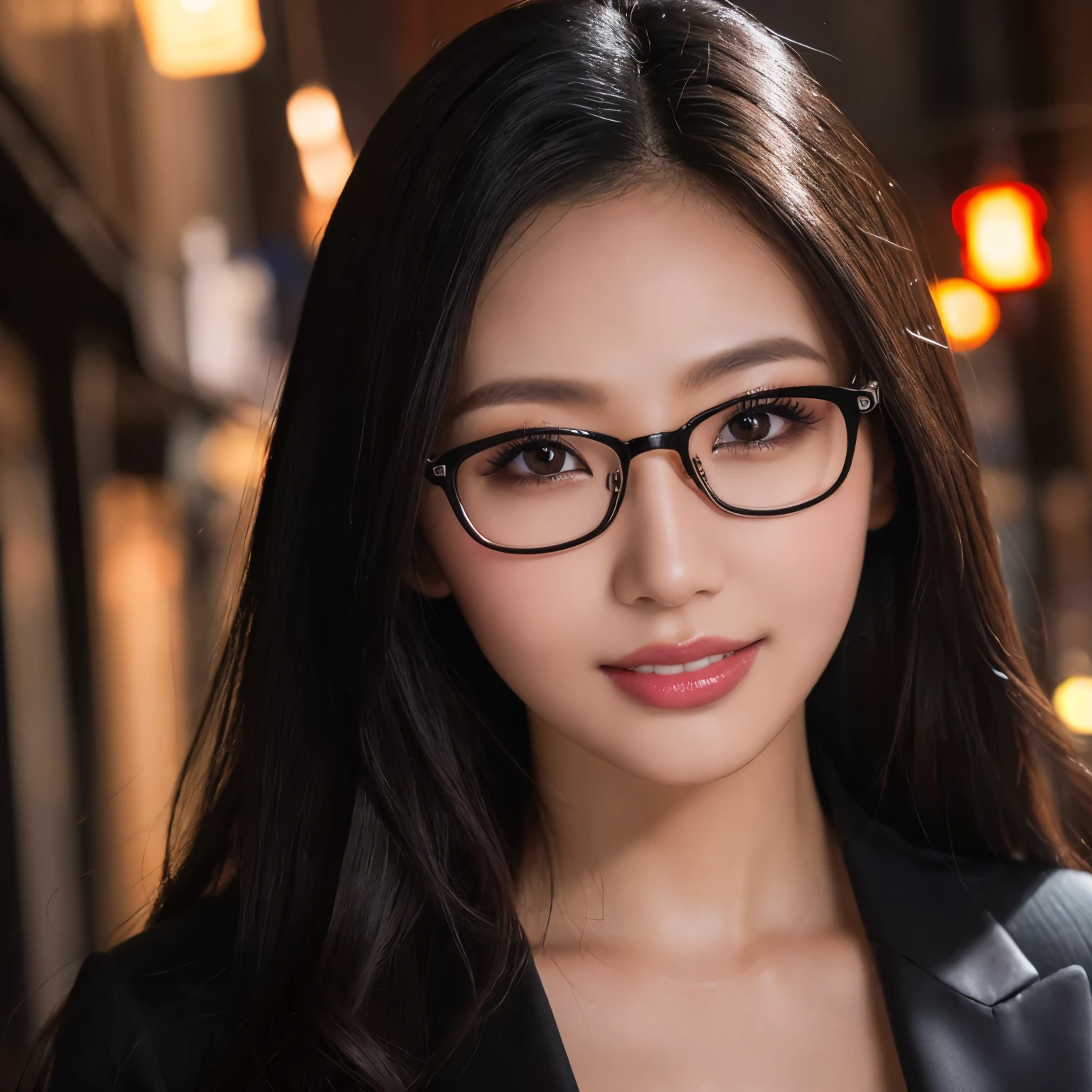 (highest quality、table top、8k、best image quality、Award-winning work)、one beautiful woman、25 years old、perfect beautiful composition、(very long hair:1.1)、(Classy glasses:1.1)、(perfect and precise black business suit:1.3)、look at me、perfect makeup、Bewitching、Overflowing sex appeal、glossy and bright lips、accurate anatomy、(close up of face:1.4)、Walking through the streets of a moody night red light district、Deep prostitution red light district street、Please look at me、(the moodiest lighting:1.1)、(The moodiest and most romantic red-light district streets:1.1)、A dark night that perfectly recreates the details of the red light district、perfect makeup、Ultra high definition beauty face、ultra high definition hair、Super high-definition moist eyes、(Ultra high definition perfect teeth:1.1)、(Ultra-high resolution glossy skin:1.1)、Super high resolution glossy lips