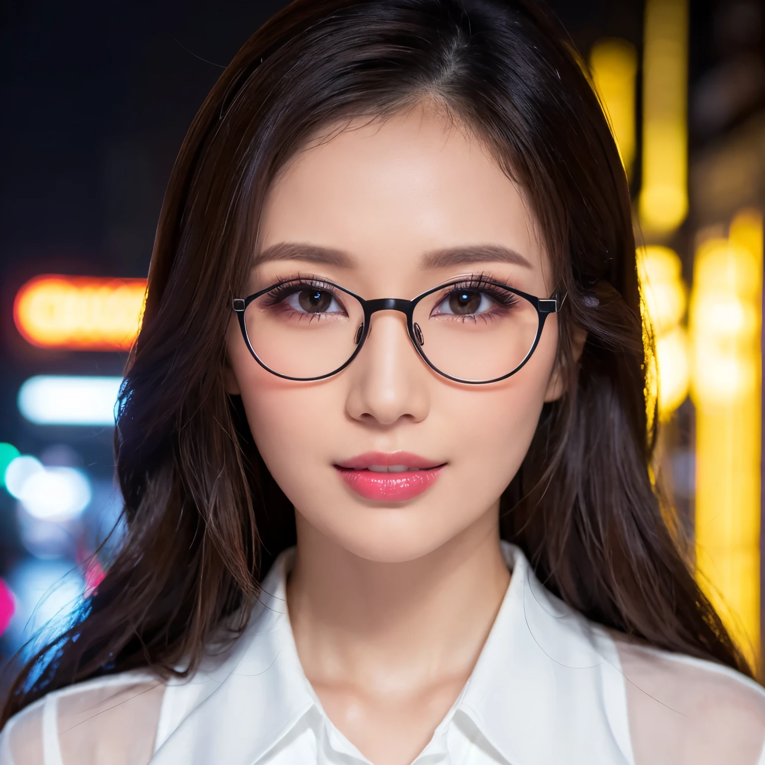 (highest quality、table top、8k、best image quality、Award-winning work)、one beautiful woman、25 years old、perfect beautiful composition、Huge breasts that are about to burst、emphasize body line、(very long hair:1.1)、(Classy glasses:1.1)、(perfect and precise white blouse:1.2)、look at me、perfect makeup、Bewitching、Overflowing sex appeal、glossy and bright lips、accurate anatomy、(close up of face:1.4)、Walking through the streets of a moody night red light district、Deep prostitution red light district street、Please look at me、(the moodiest lighting:1.1)、(A glittering red-light district street with the most moody and romantic atmosphere:1.1)、A dark night that perfectly recreates the details of the red light district、perfect makeup、Ultra high definition beauty face、ultra high definition hair、Super high-definition moist eyes、(Ultra high definition perfect teeth:1.1)、(Ultra-high resolution glossy skin:1.1)、Super high resolution glossy lips