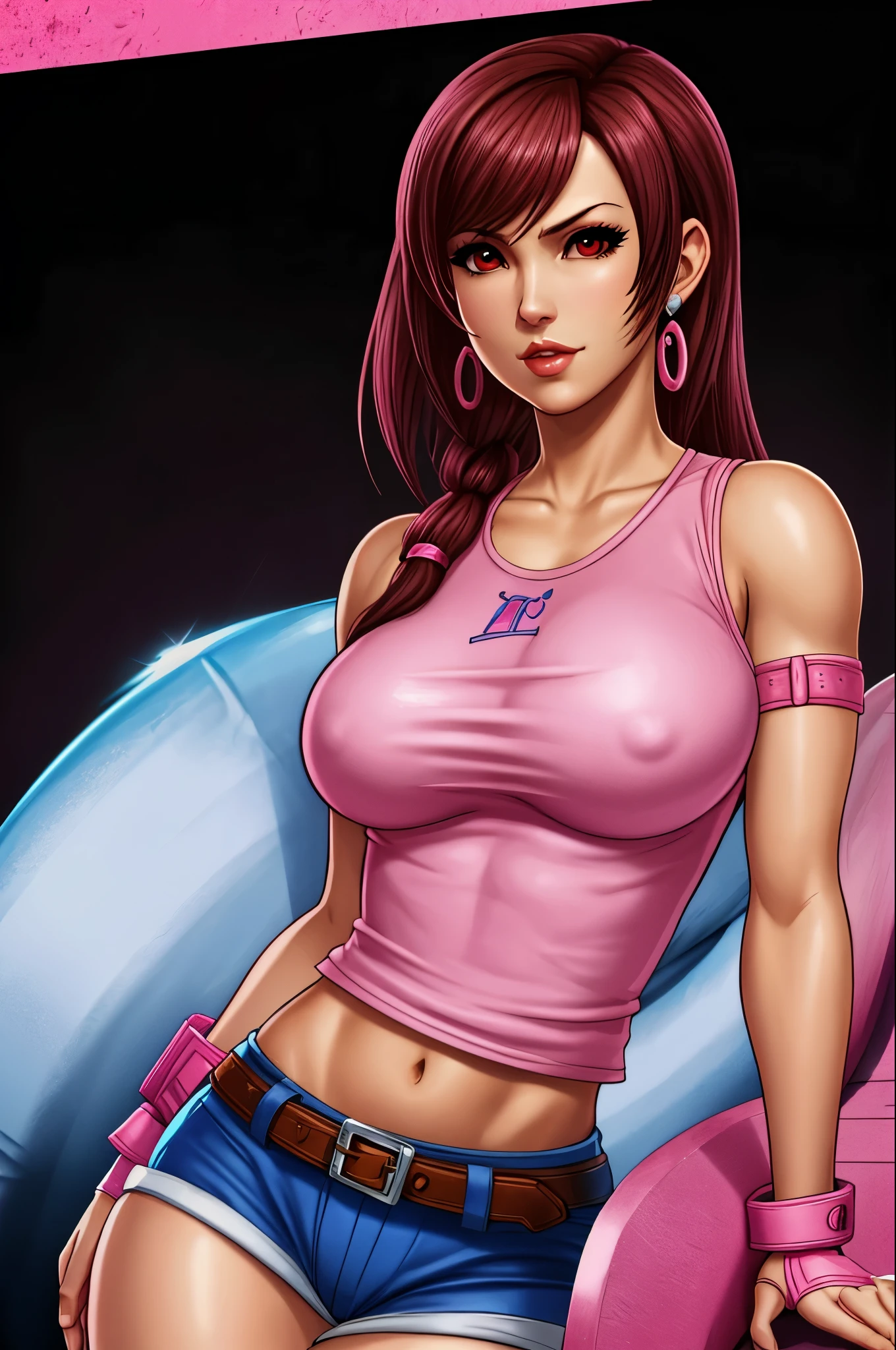there is a woman in a pink top and blue skir,  tekken,, tifa lockheart, glamorous tifa lockheart, , yayoi kasuma, 