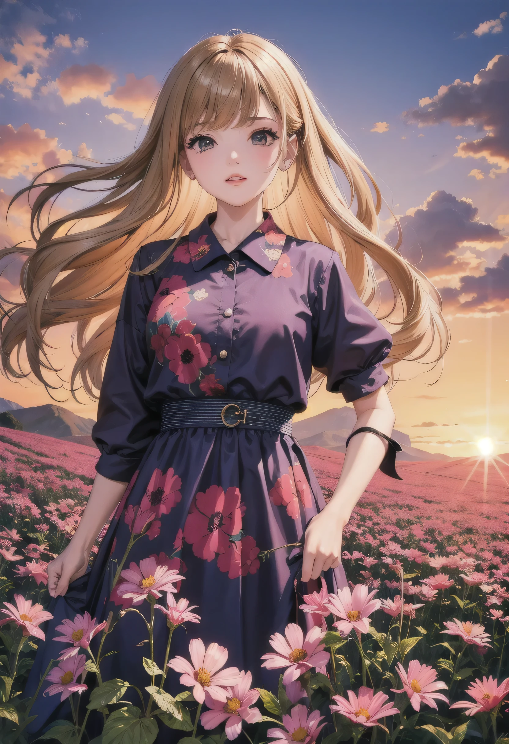 Girl standing in a neon flower field,Detailed face, Medium Short,cloud,sunrise