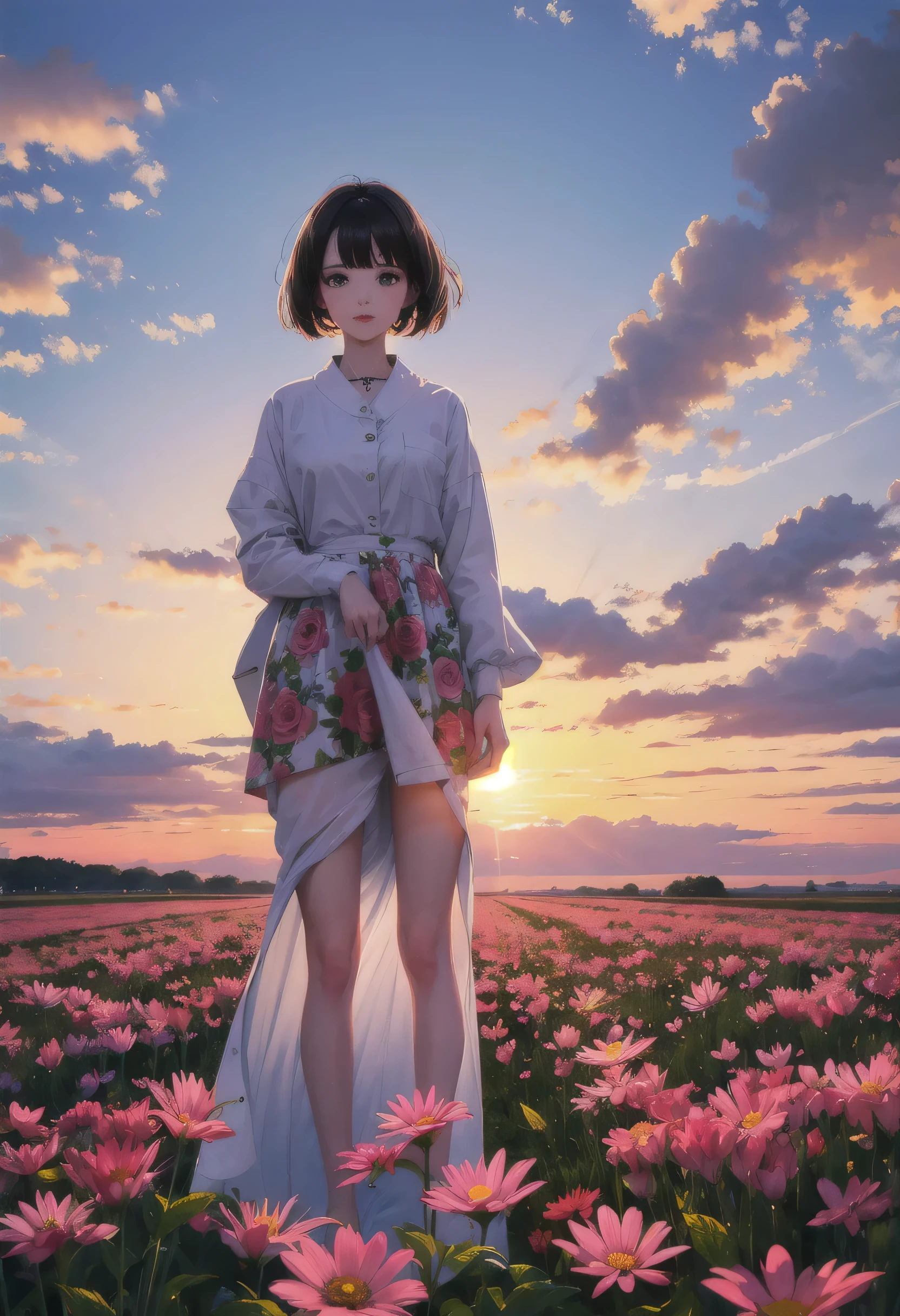 Girl standing in a neon flower field,Detailed face, Medium Short,cloud,sunrise