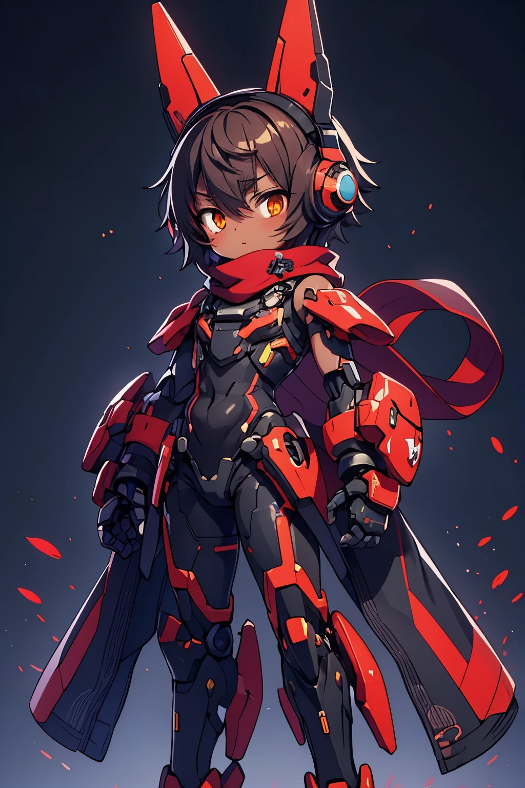 dark skin, orange eyes, young boy, male, short dark brown hair, wearing a black skin-tight sleeveless bio bodysuit, red mecha headset, black mecha gauntlets, long red scarf, mecha musume bio armour, black gaunlets,