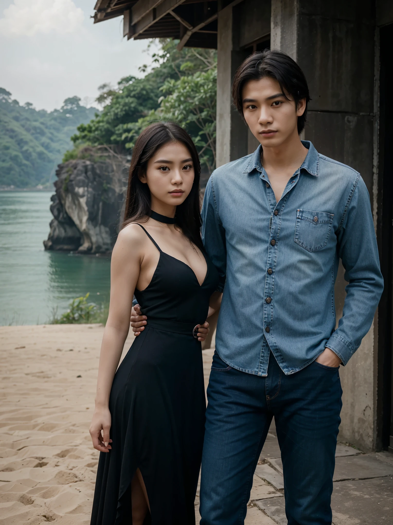 a man and a woman standing next to each other at a tourist spot in indonesia, an image, inspired by Adam Dario Keel, which is trending in the cg community, beautiful young Korean woman dressed in black party dress, jeans, movie screencap, model elisajes from acquamodels
