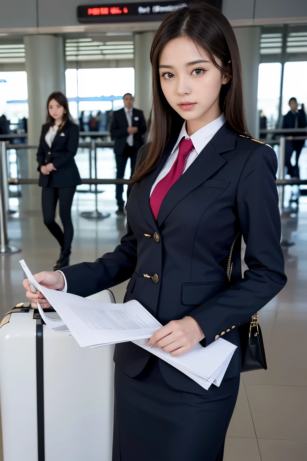 highest quality, masterpiece, 8k, ultra high resolution, (realistic: 1.4), 1 girl, beautiful face, symmetrical eyes, big, perfect body proportions, stewardess uniform, the gaze of the beholder, (Inside the airport: 1.2), Front view, Absolute area (1.3),