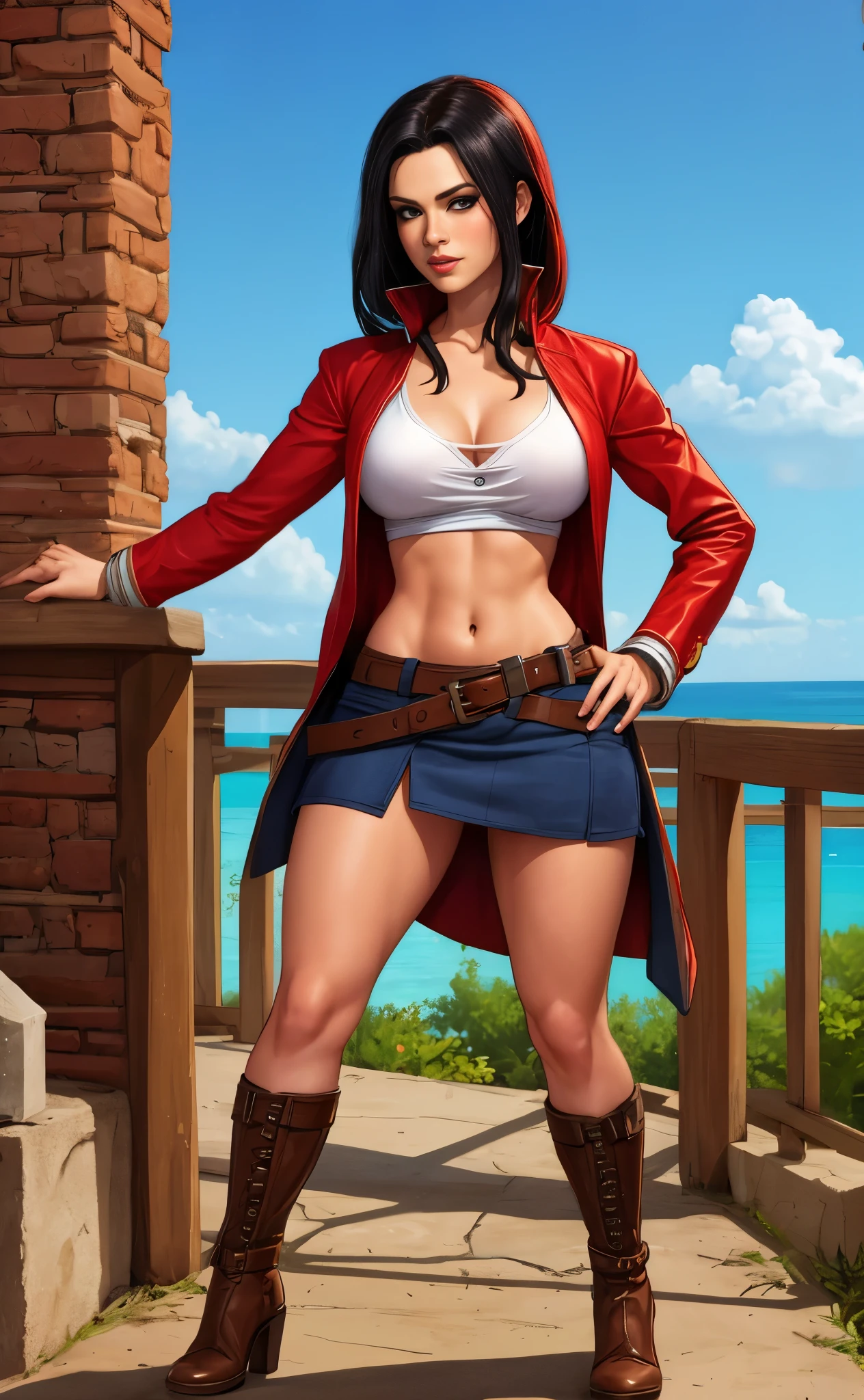 girl, female pirate, miniskirt, red hair, black hair, full body shot, clyde caldwell