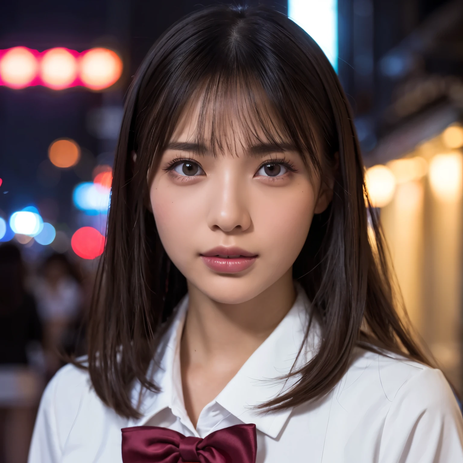 ((highest quality、table top、8k、best image quality、very intricate and detailed details))、(High school girl in uniform alone:1.1)、(close up of face:1.5)、(Uniform polyester white shirt、High school uniform ribbon on the chest)、Please look at me、Walking through the streets of a moody night red light district、Deep prostitution red light district street、Please look at me、(the moodiest lighting:1.1)、(A glittering red-light district street with the most moody and romantic atmosphere:1.1)、Recreating the perfect red light district details、perfect makeup、dark night、big and full breasts、perfect makeup、Ultra high definition beauty face、ultra high definition hair、Super high-definition moist eyes、Ultra high definition perfect teeth、(Ultra-high resolution glossy skin:1.1)、Super high resolution glossy lips