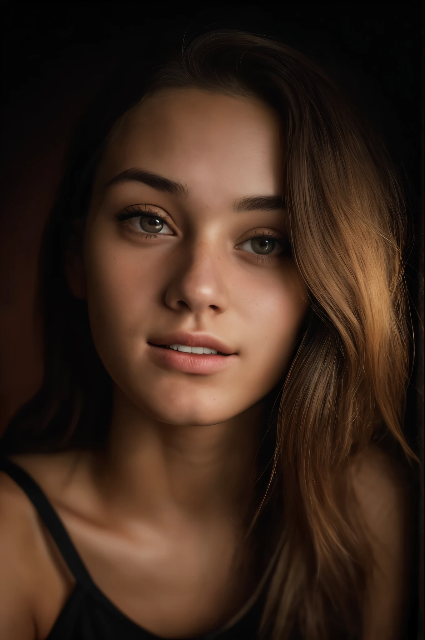 (close up, Editorial photo of a 21-year-old woman), (Highly detailed face:1.4) (smile:0.7) (dark interior background, Bad mood, private study:1.3) throw, By Lee Jeffries, Nikon D850, film stock photos ,4 Coda Portra 400 ,f1 camera.6 Lenses ,Various colors ,Too realistic ,The texture is realistic., incredible light , Movie theater 800,