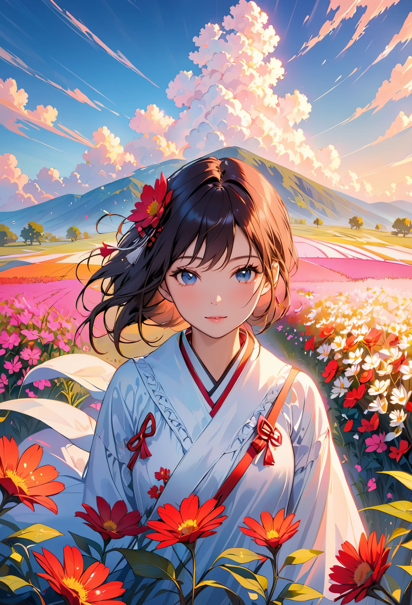 girl standing in field of neon flowers,detailed face, mid short,clouds,sunrise